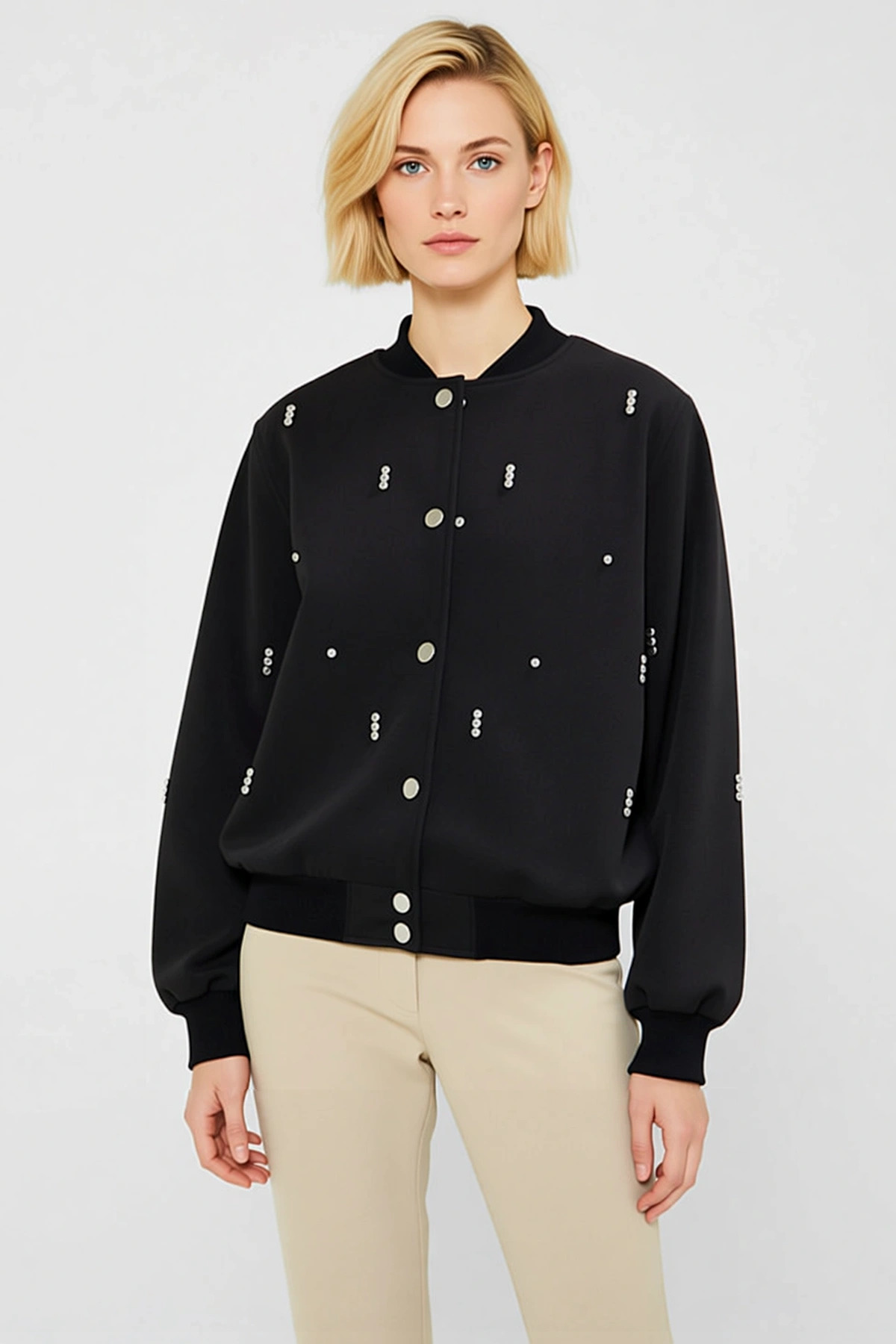Kadın Bebe Yaka Standart Kol Bomber Ceket %92 Polyester %8 Elastan Fonksiyonel Dayanıklı Şık