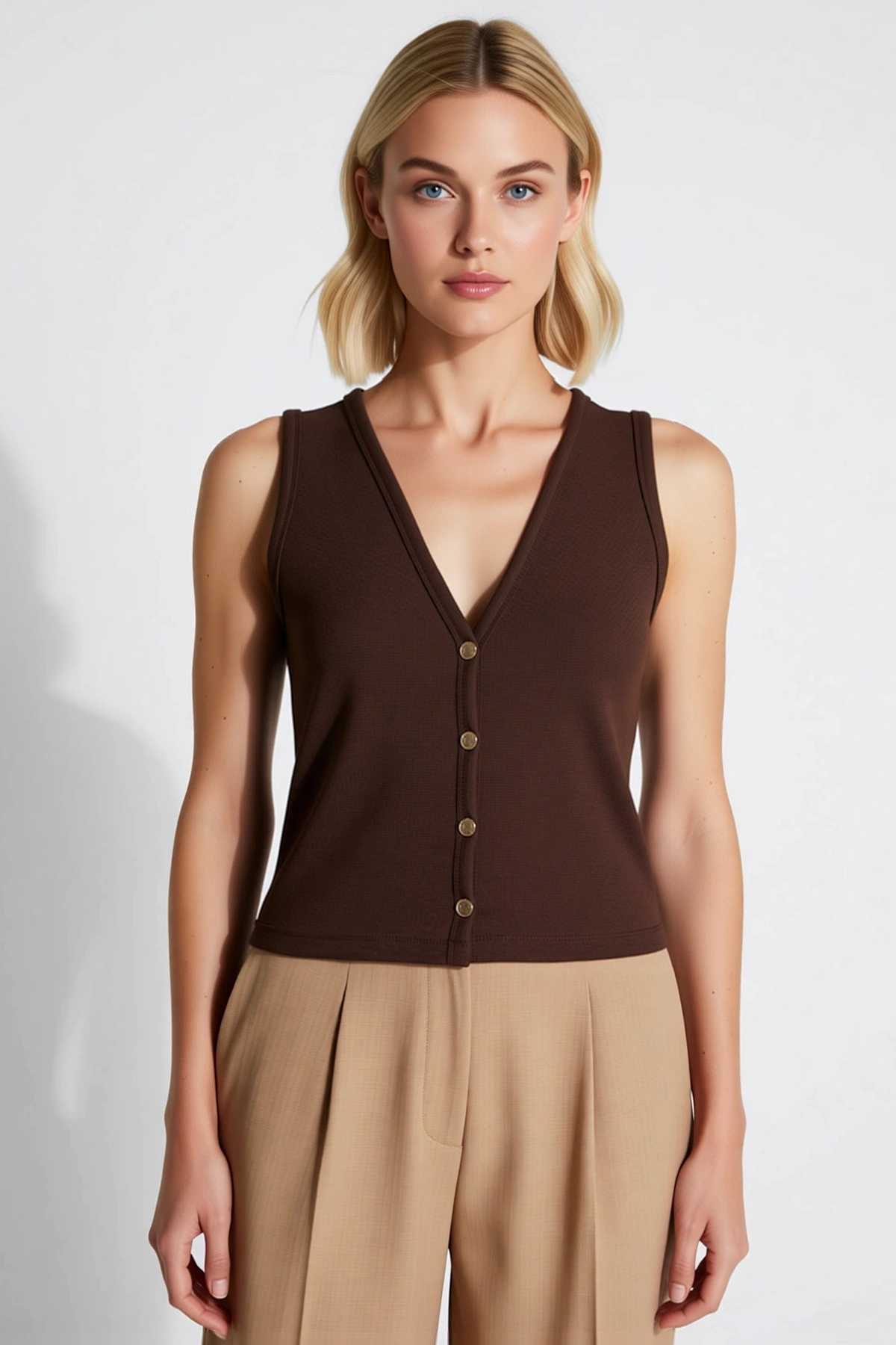 Kadın Bluz V Yaka Kolsuz Fitted Vücuda Oturan İnterlok Örme Önden Düğmeli Crop Düz Desen Şık