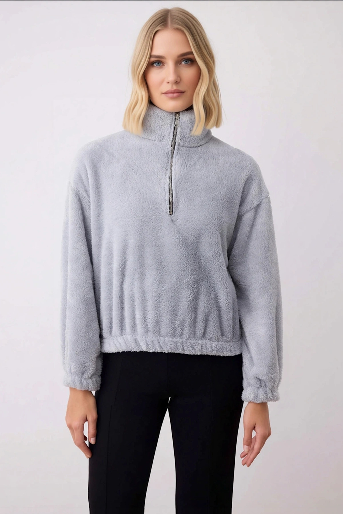 Kadın Dik Yaka Düşük Kol Fermuarlı Peluş Sweatshirt Fonksiyonel Dayanıklı Kaliteli Estetik