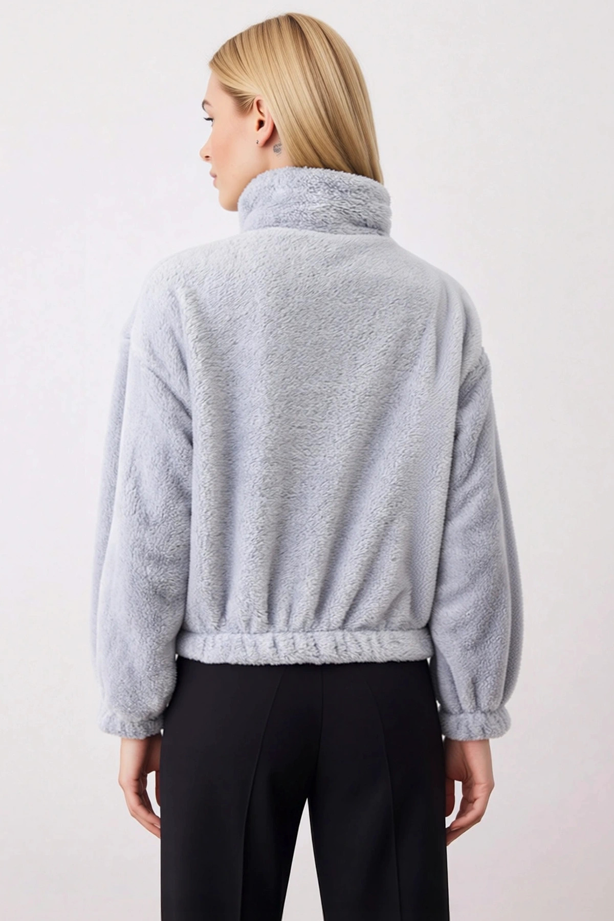 Kadın Dik Yaka Düşük Kol Fermuarlı Peluş Sweatshirt Fonksiyonel Dayanıklı Kaliteli Estetik