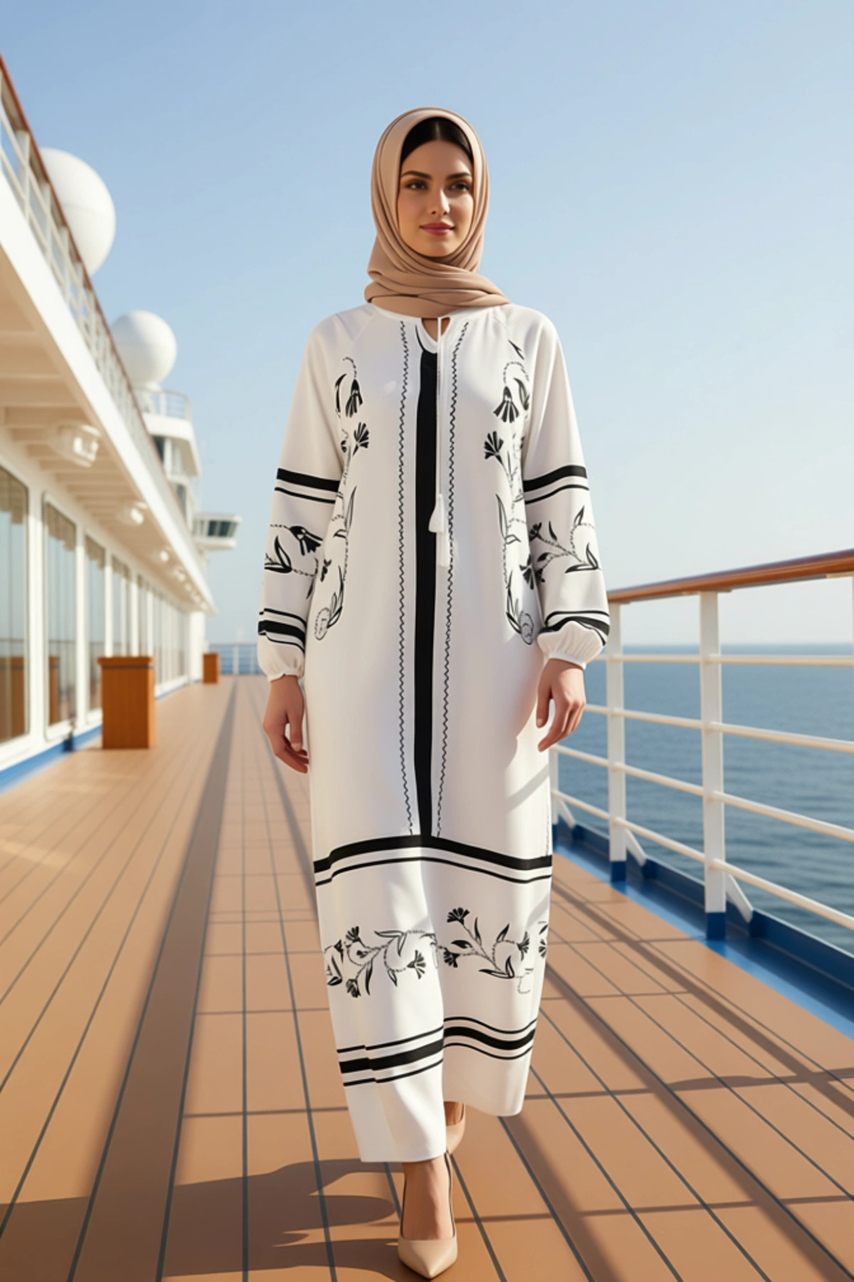 Alternative view of Kadın V Yaka Düşük Kol Uzun Kollu A line Dokuma Elbise Çiçek Desenli Kumaş Şık