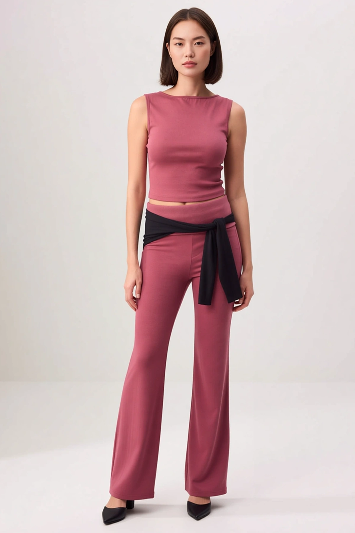 Kadın Büyük Beden Kolsuz Kayık Yaka Ribana Örme Crop Top Uzun Paça Takım Vücuda Oturan Günlük Rahat