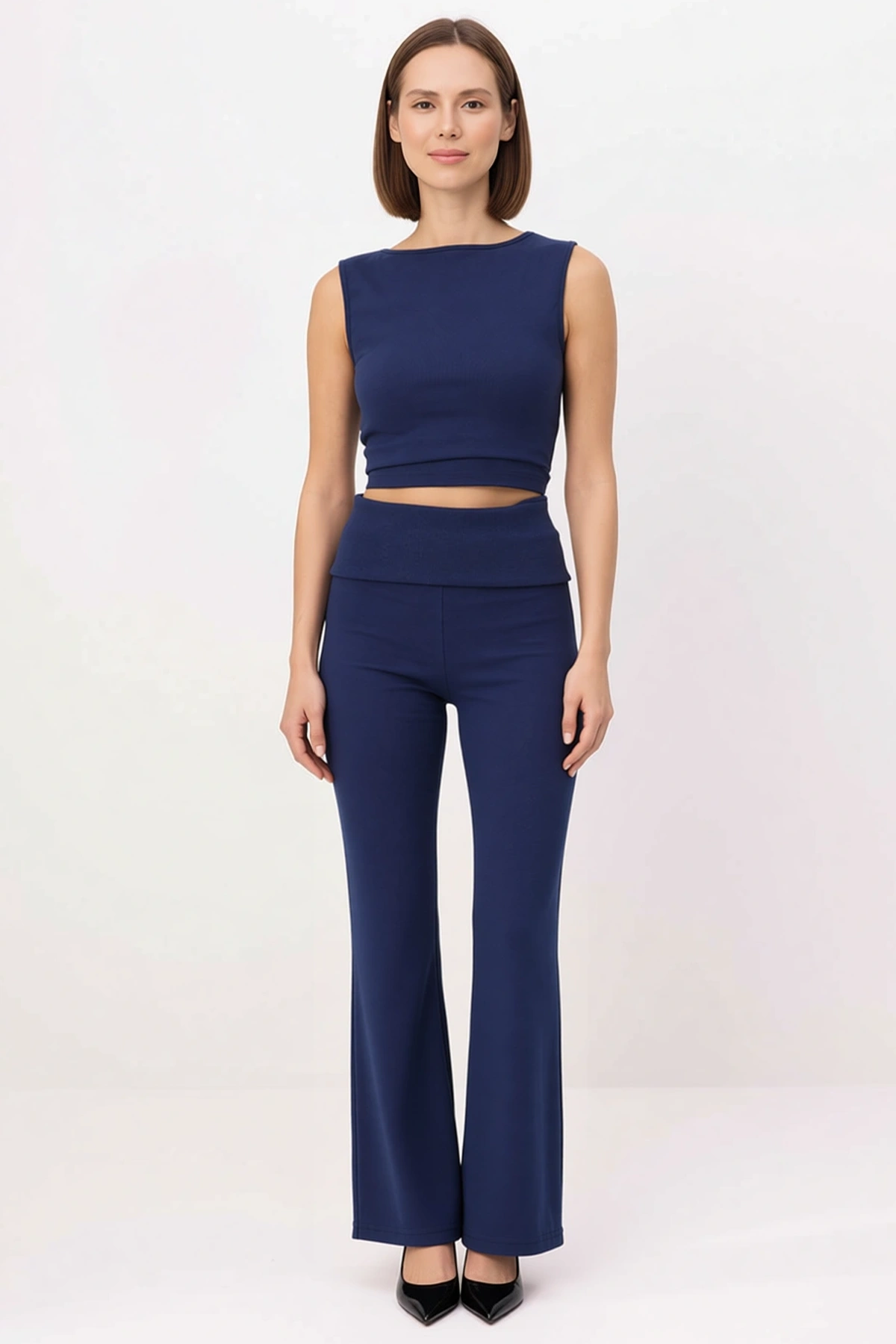 Kadın Büyük Beden Kolsuz Kayık Yaka Ribana Örme Crop Top Uzun Paça Takım Vücuda Oturan Günlük Rahat