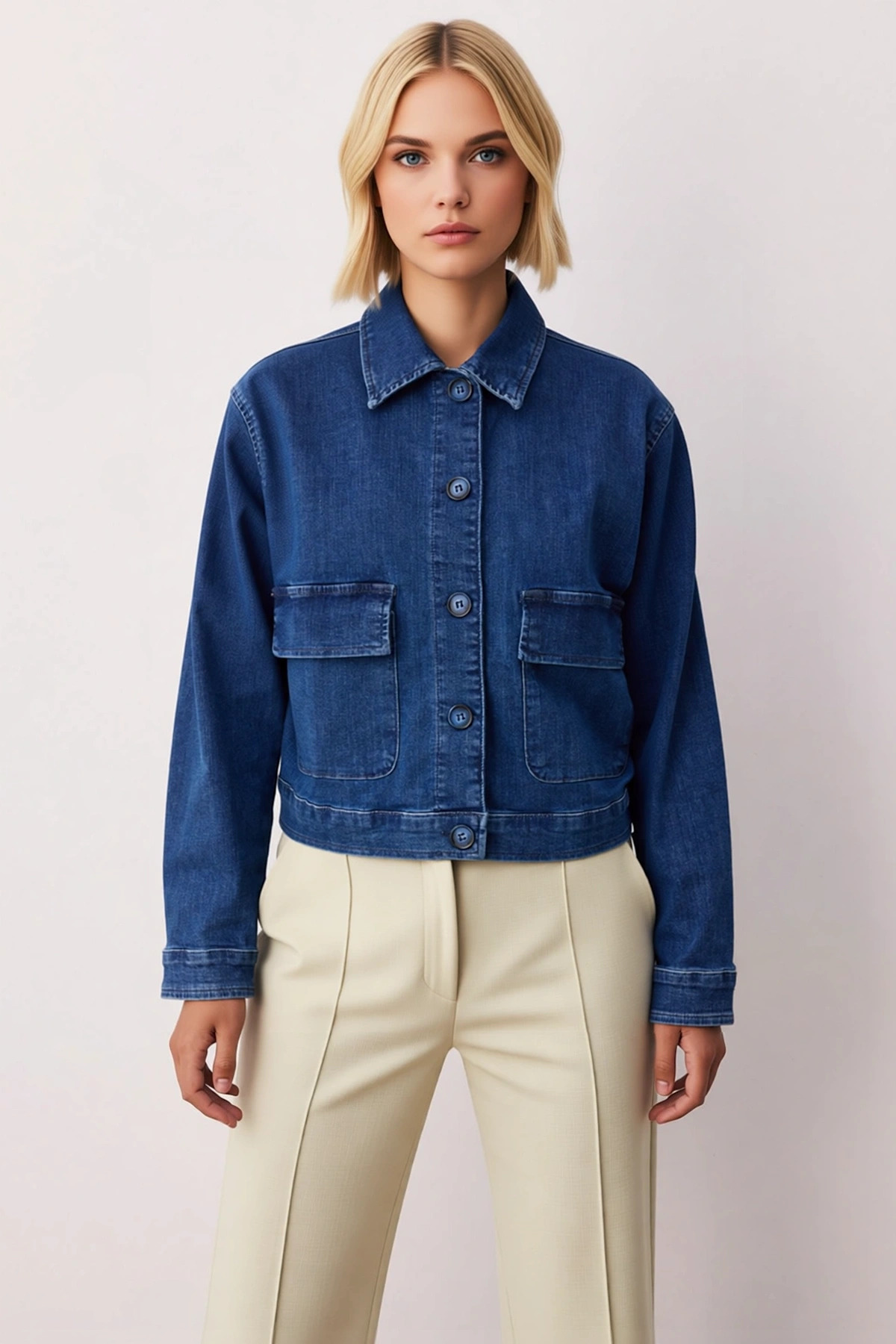 Kadın Gömlek Yaka Düşük Kol Uzun Kollu Basic Kalıp Denim Ceket Fonksiyonel Dayanıklı Rahat