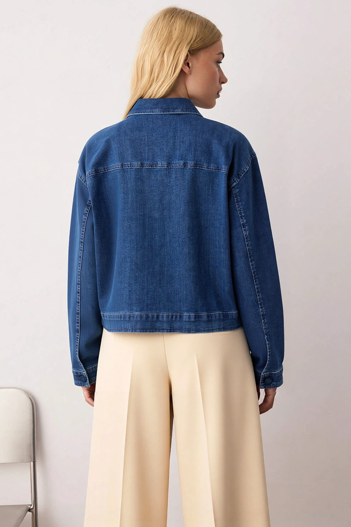 Kadın Gömlek Yaka Düşük Kol Uzun Kollu Basic Kalıp Denim Ceket Fonksiyonel Dayanıklı Rahat