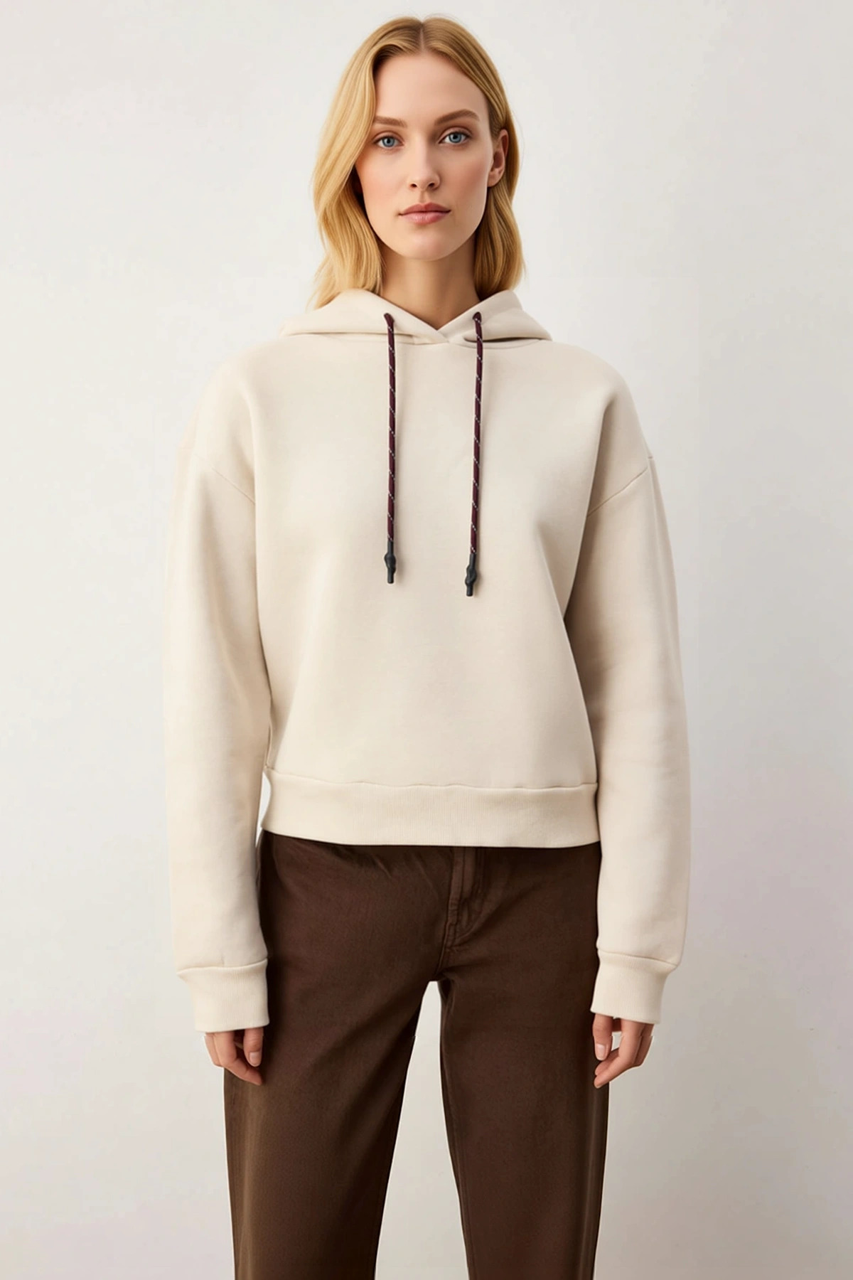 Kadın Kapüşonlu Düşük Kol %100 Pamuklu Örme Sweatshirt Fonksiyonel Dayanıklı Kaliteli Spor