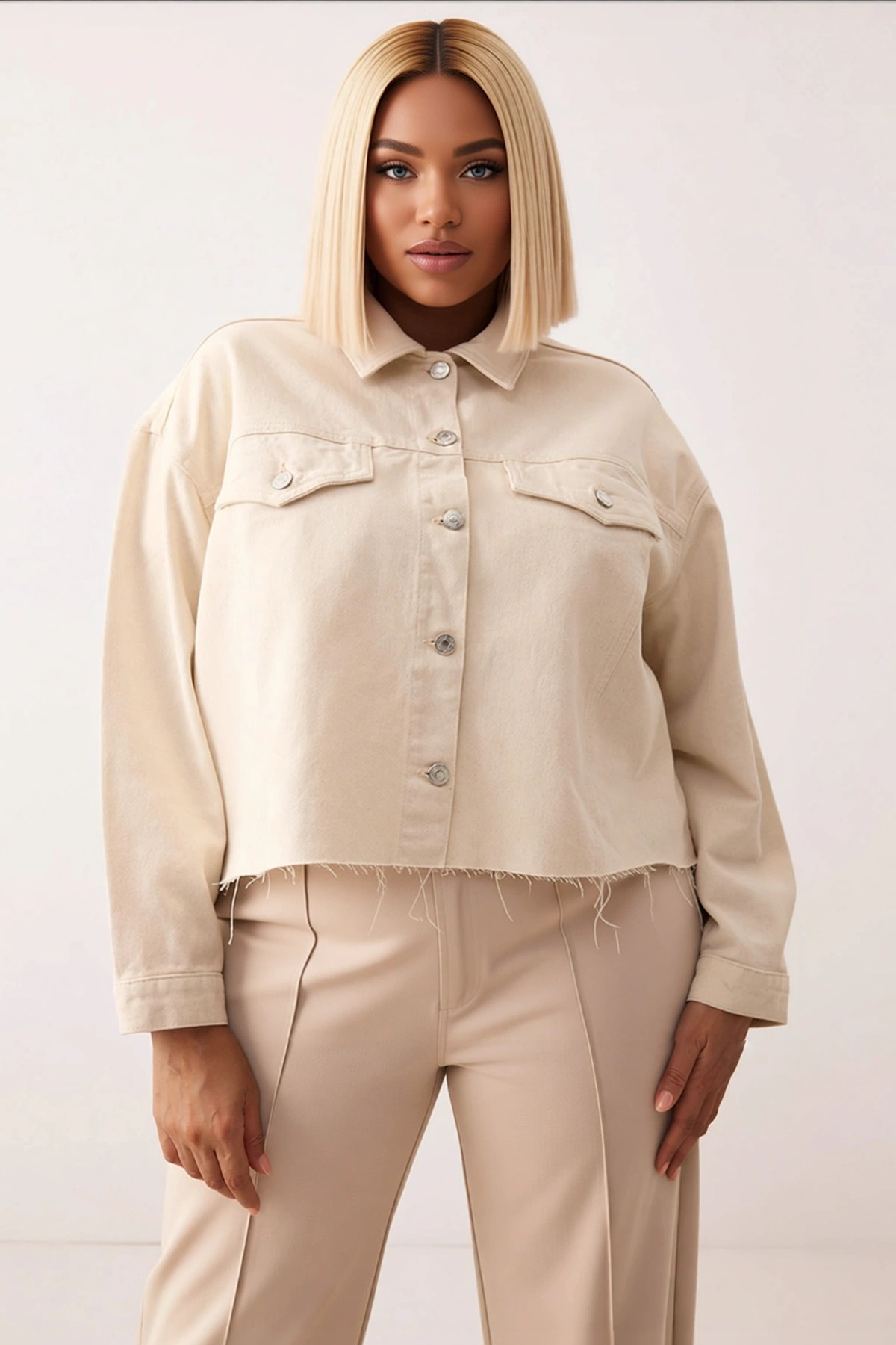 Kadın Gömlek Yaka Düşük Kol Oversize Crop %100 Pamuk Denim Ceket Fonksiyonel Dayanıklı Şık