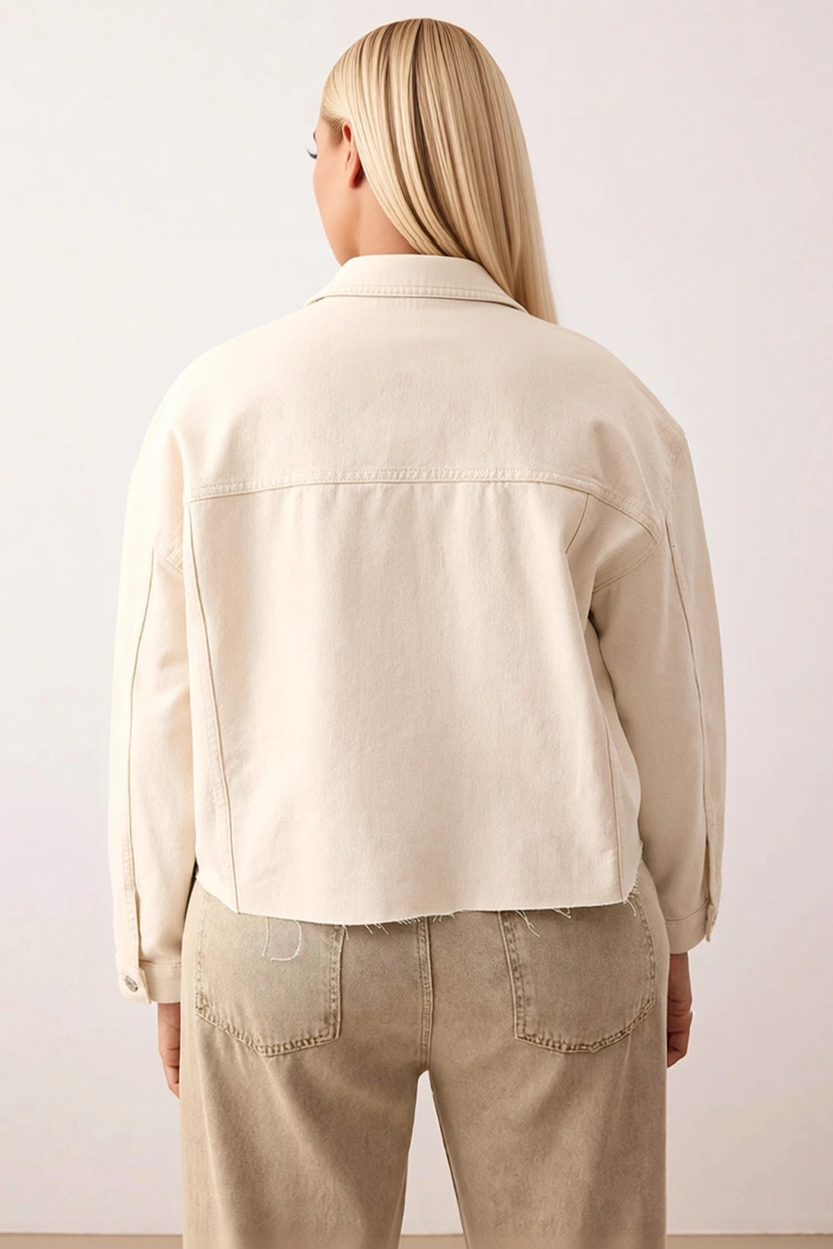Kadın Gömlek Yaka Düşük Kol Oversize Crop %100 Pamuk Denim Ceket Fonksiyonel Dayanıklı Şık