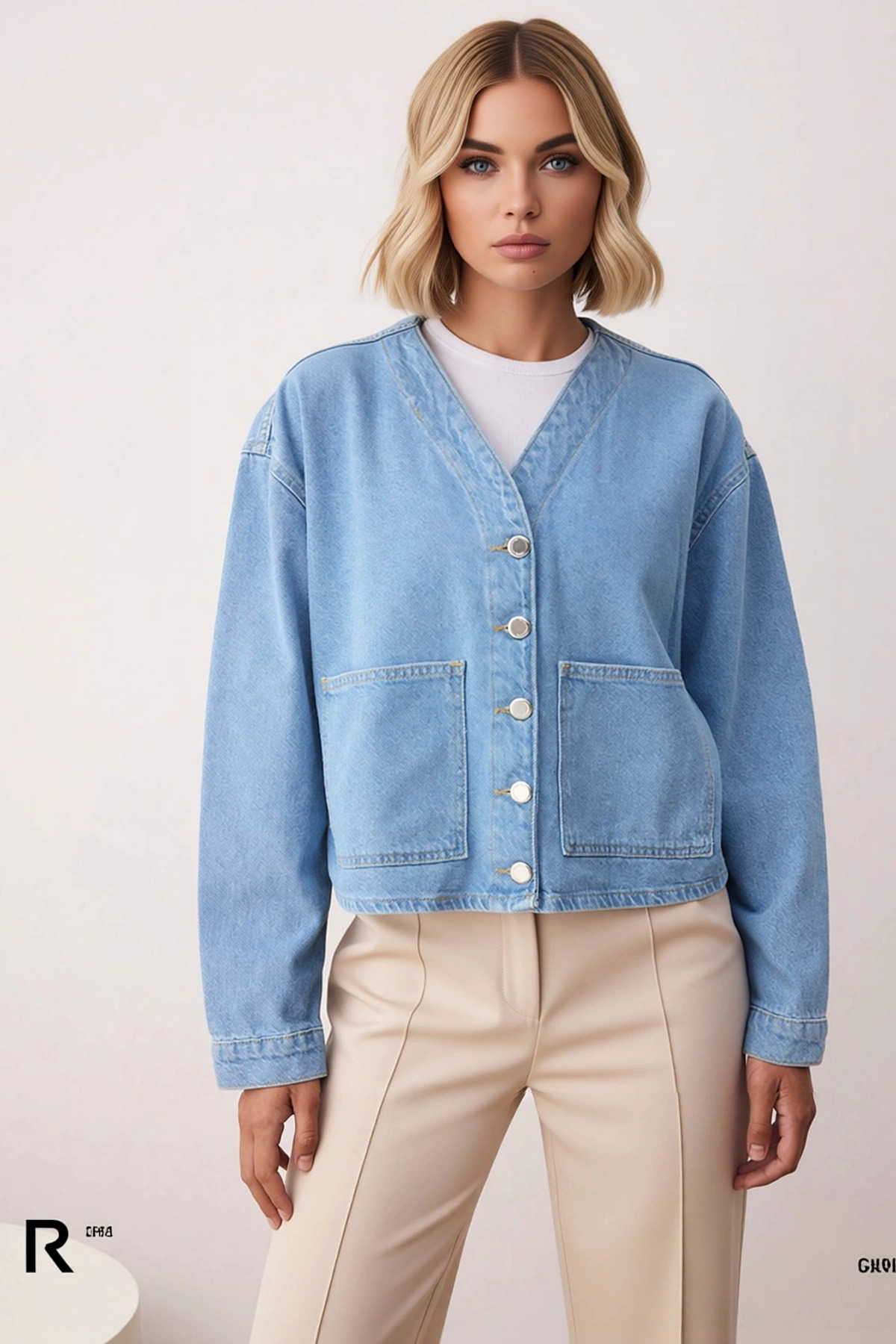 Kadın V Yaka Düşük Kol Uzun Kollu Oversize Kalıp %100 Pamuk Denim Ceket Fonksiyonel Modern