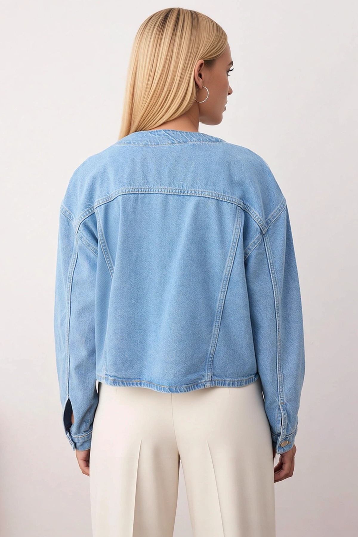 Kadın V Yaka Düşük Kol Uzun Kollu Oversize Kalıp %100 Pamuk Denim Ceket Fonksiyonel Modern
