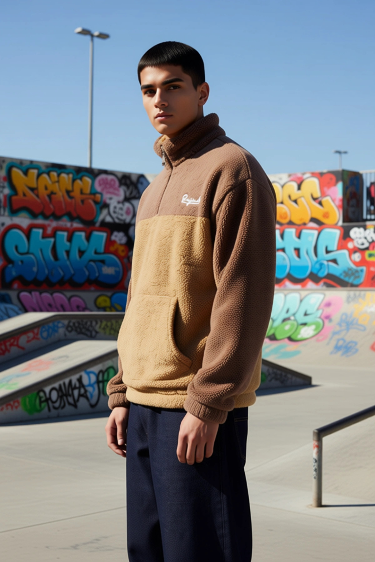 Erkek Dik Yaka Standart Kol Renk Bloklu Peluş Sweatshirt Fonksiyonel Dayanıklı Kaliteli Şık