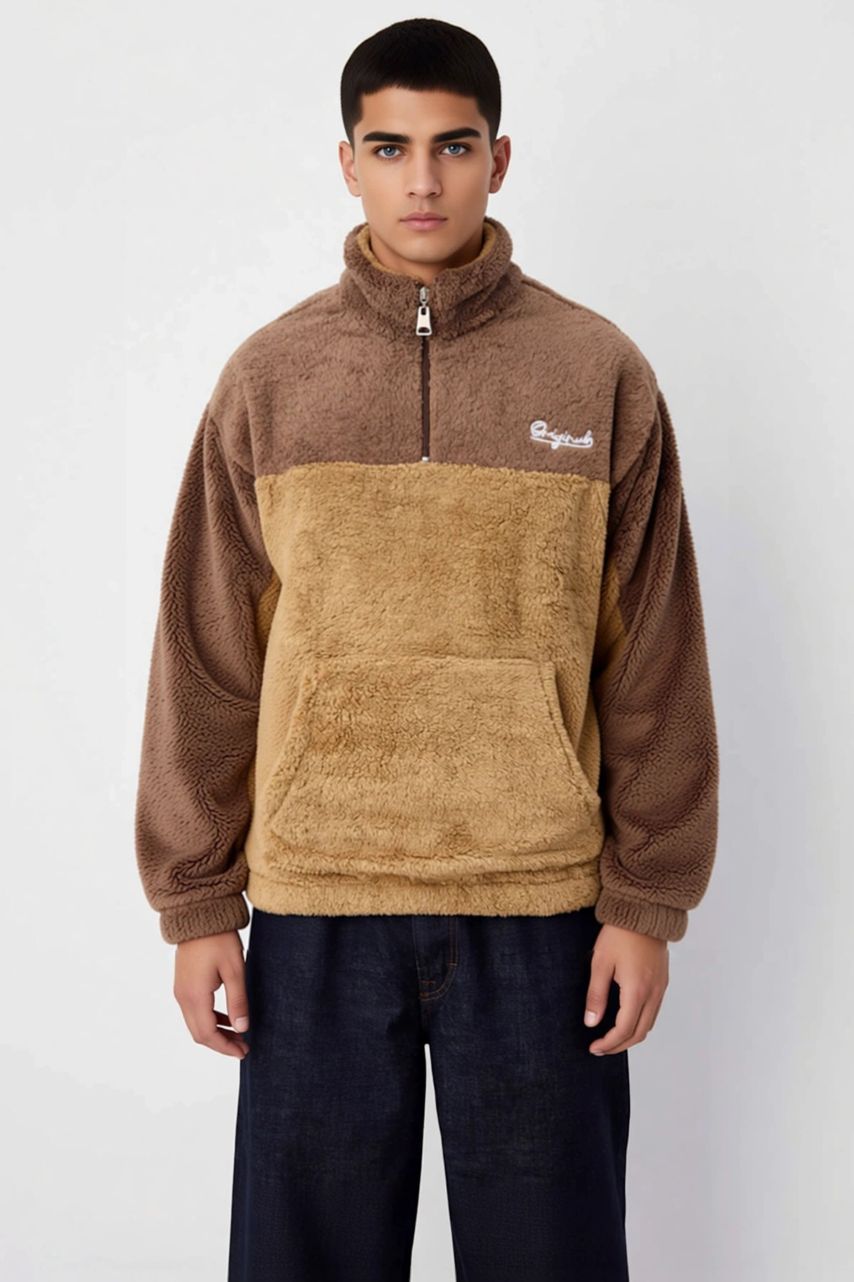 Erkek Dik Yaka Standart Kol Renk Bloklu Peluş Sweatshirt Fonksiyonel Dayanıklı Kaliteli Şık