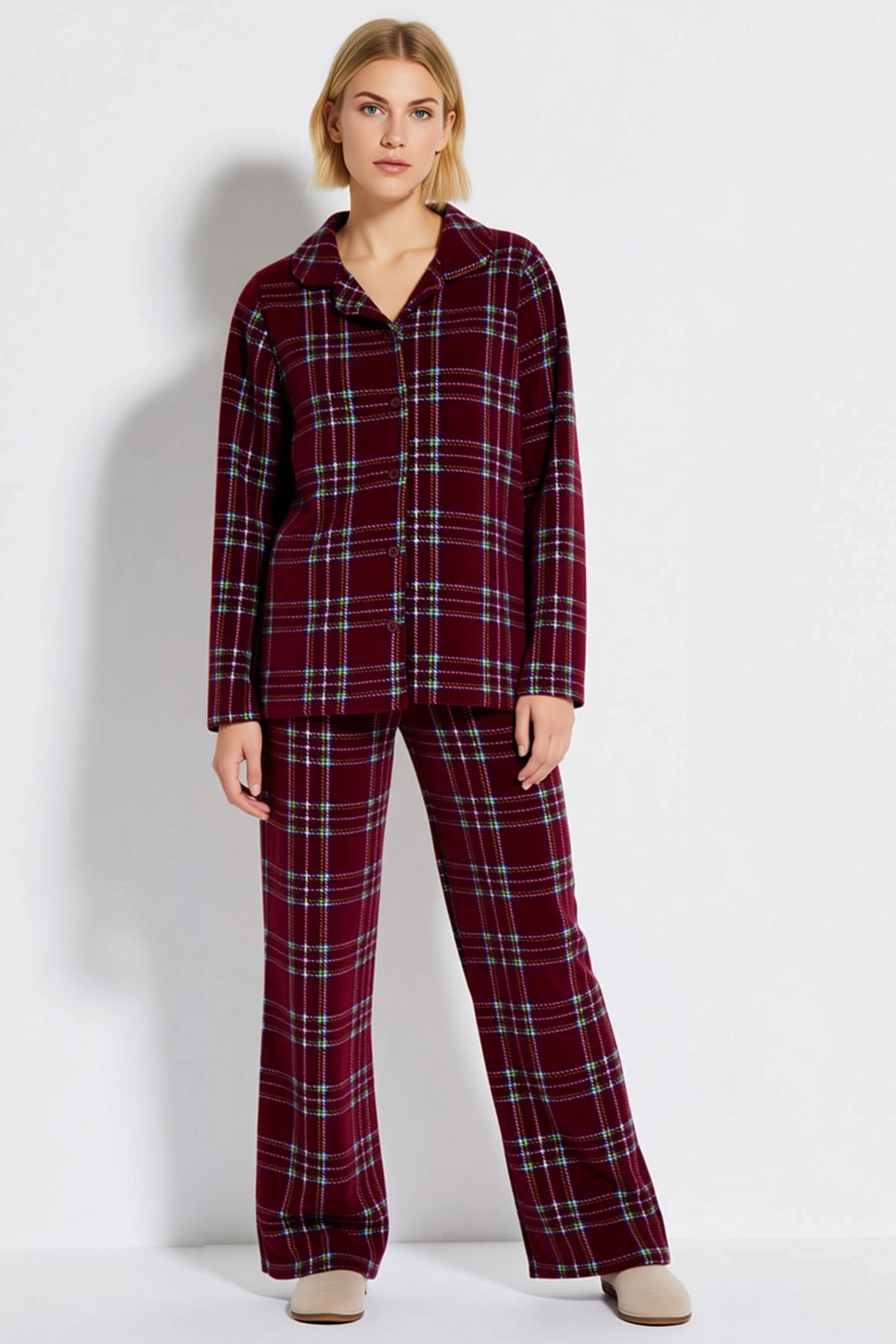 Kadın Büyük Beden Gömlek Yaka Uzun Kol Ekose Polar Pijama Takımı Fonksiyonel Dayanıklı Şık