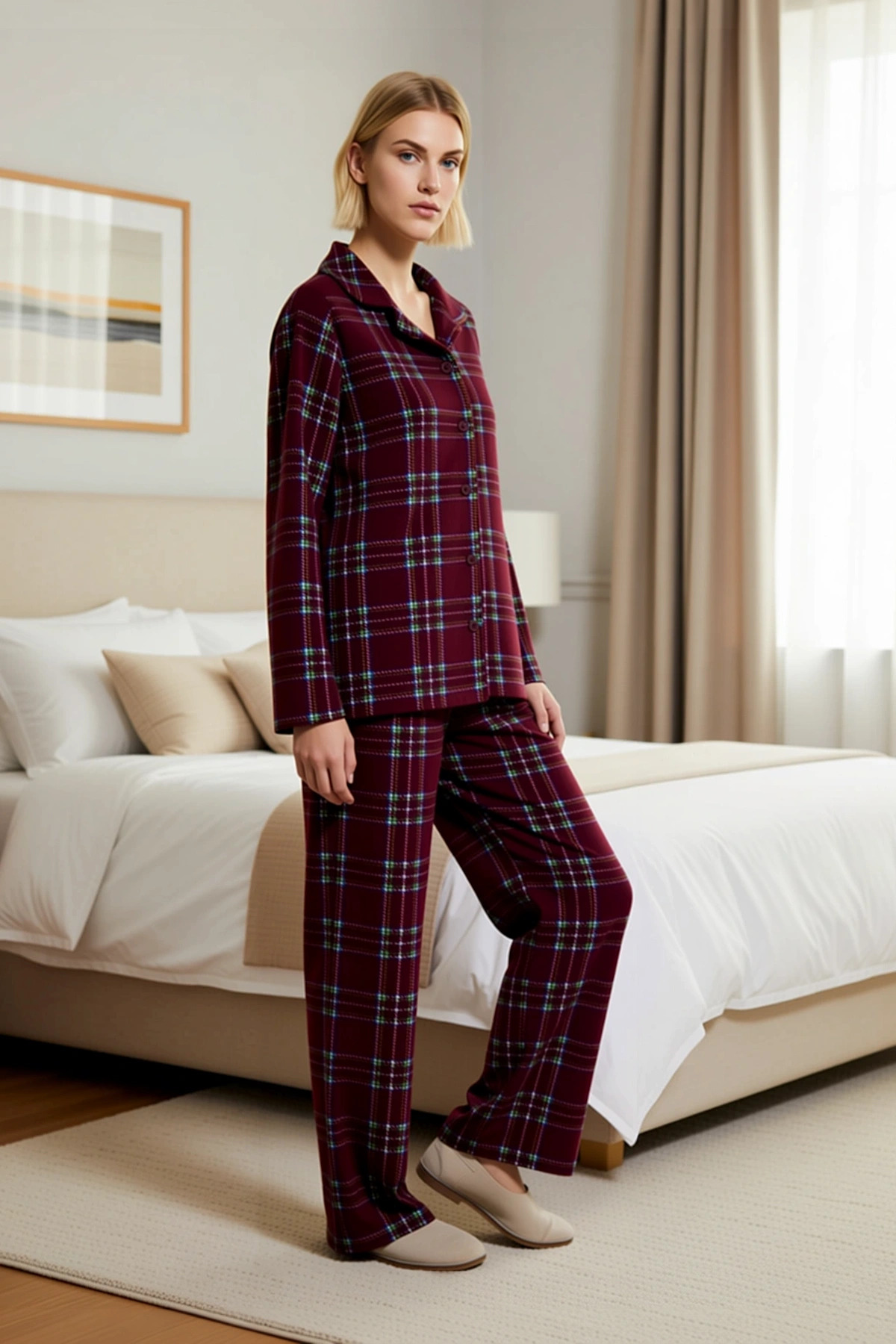 Kadın Büyük Beden Gömlek Yaka Uzun Kol Ekose Polar Pijama Takımı Fonksiyonel Dayanıklı Şık
