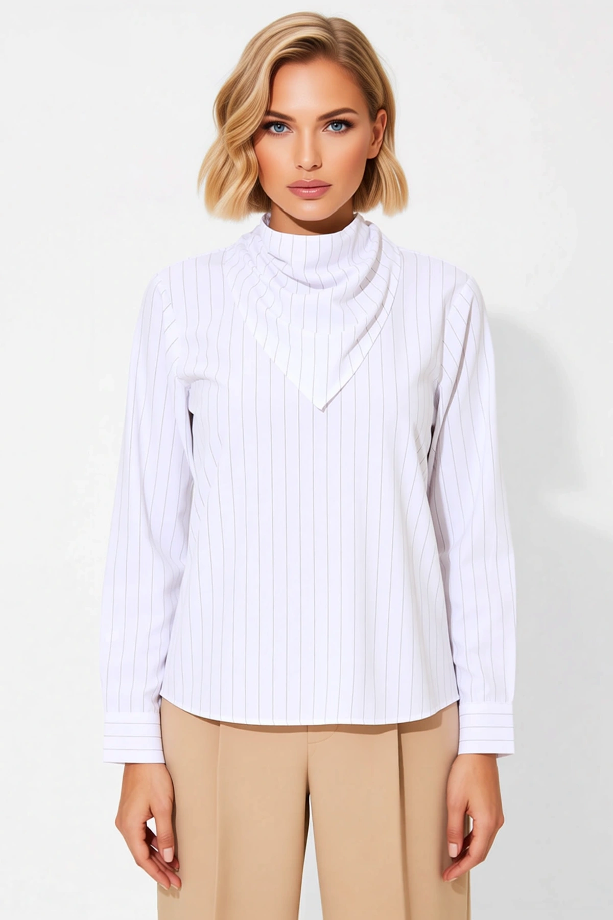 Kadın Bluz Şal Yaka Uzun Kol Çizgili Dokuma Kumaş Regular Kalıp Casual Günlük Stil Estetik