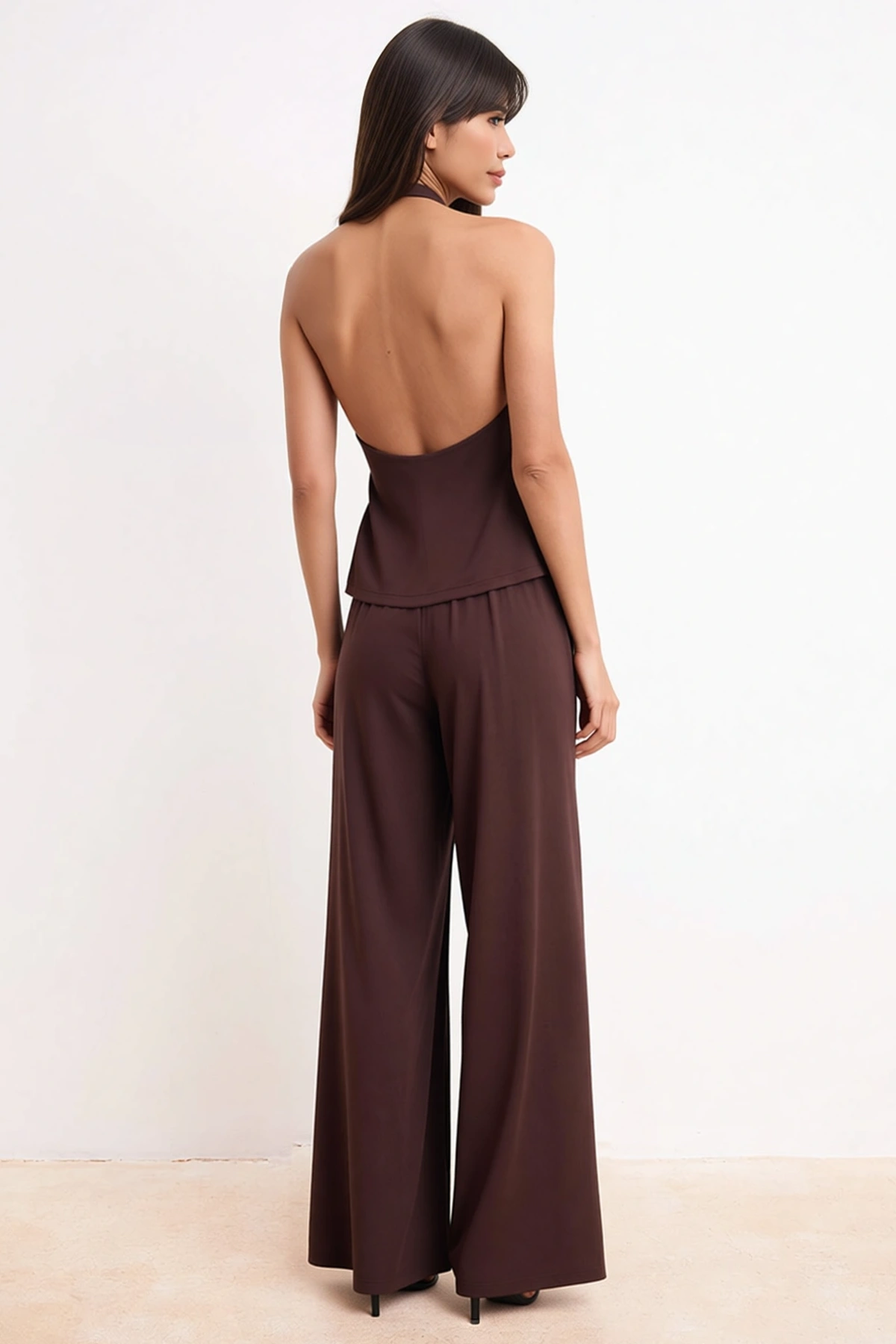 Kadın Kolsuz Degaje Yaka Geniş Paça Pike Örme Takım Modal Polyester Karışım Rahat Kesim Günlük Şık