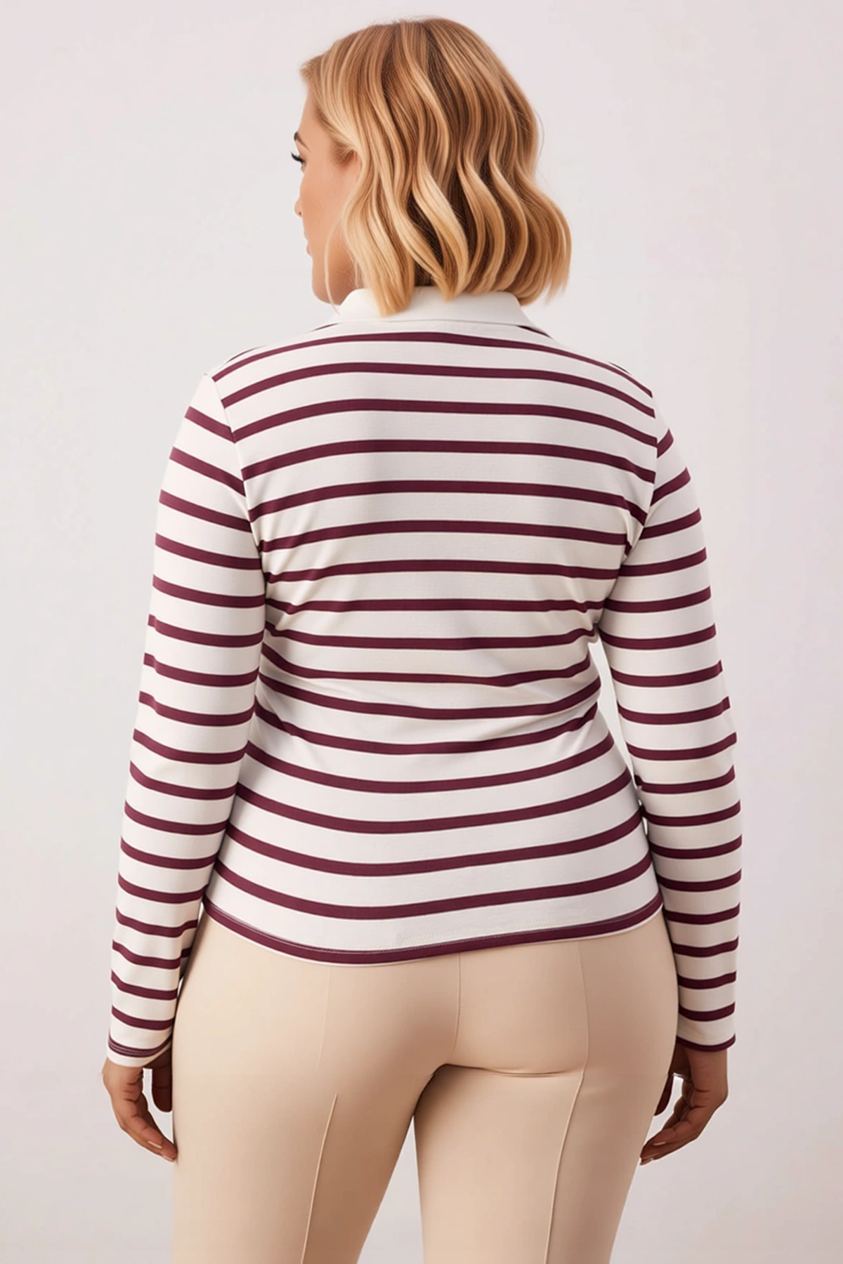 Kadın Büyük Beden Bluz Polo Yaka Standart Kol Çizgili Örme Esnek Dar Kalıp Süprem Dokulu Crop Boy