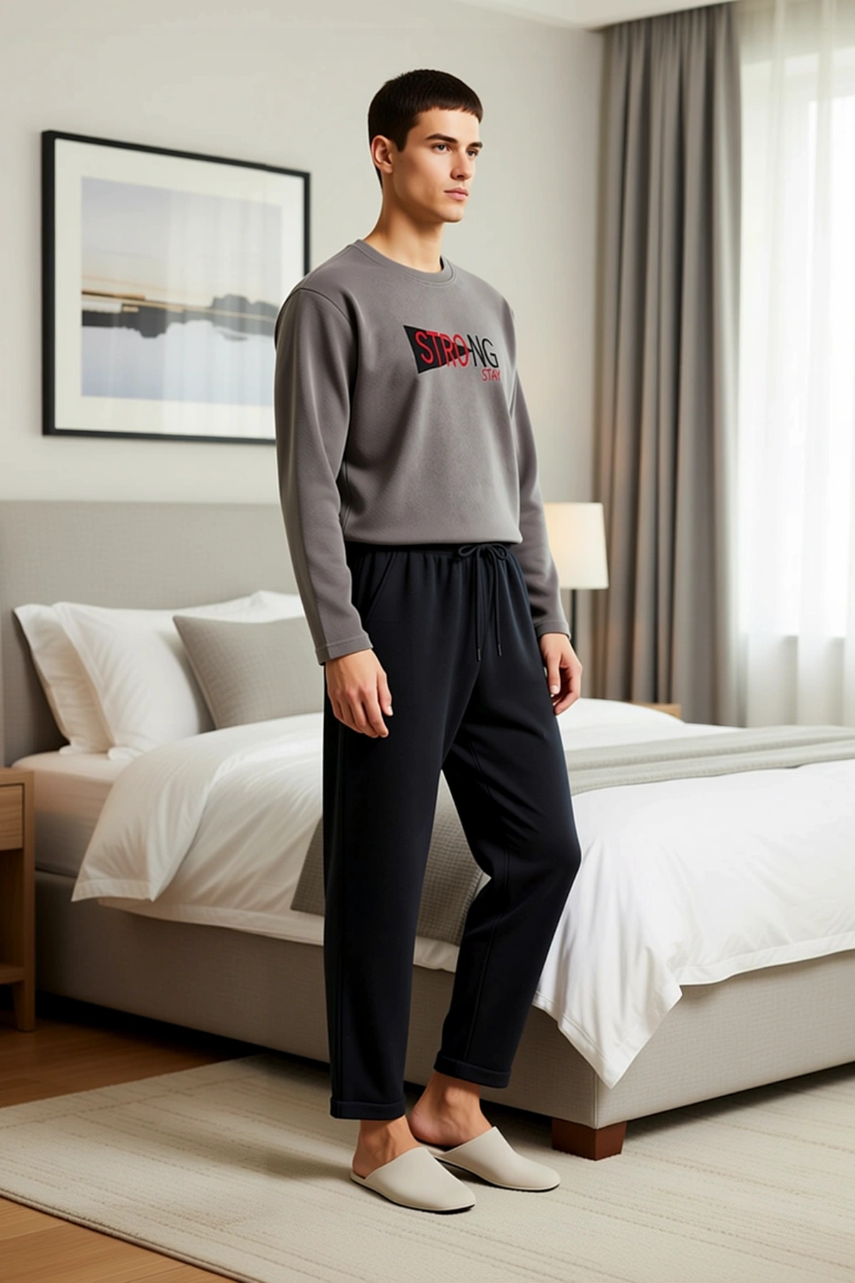 Erkek Bisiklet Yaka Standart Kol Regular Kalıp Polar Pijama Takımı Fonksiyonel Dayanıklı Şık