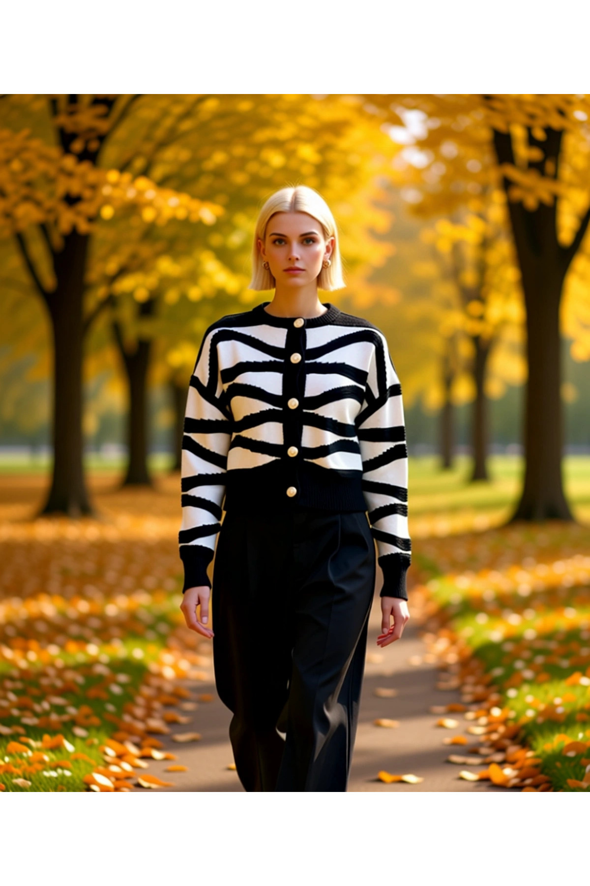 Alternative view of Kadın Oversize Crop Dalgalı Desenli Triko Hırka Düşük Kol Bisiklet Yaka Rahat Şık Günlük Kombinler