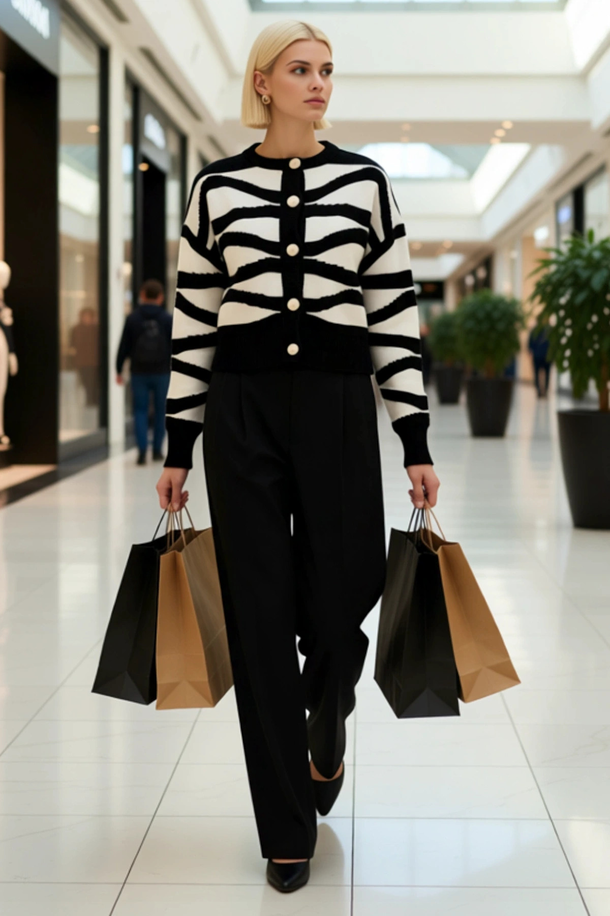 Kadın Oversize Crop Dalgalı Desenli Triko Hırka Düşük Kol Bisiklet Yaka Rahat Şık Günlük Kombinler