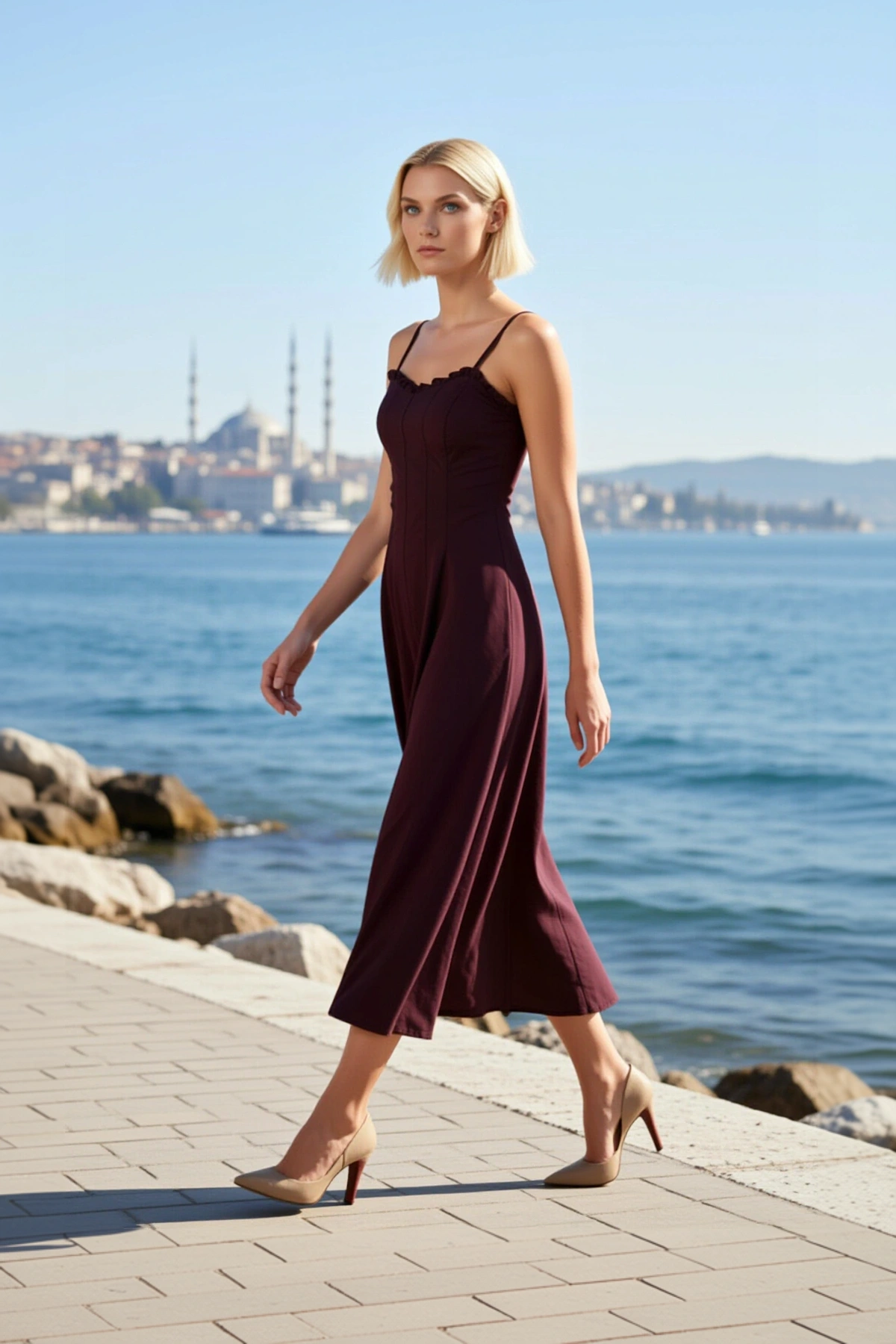Kadın Maxi Elbise Kalp Yaka İnce Askılı Kolsuz Skater Kalıp Fırfırlı Belden Açılan Dokuma