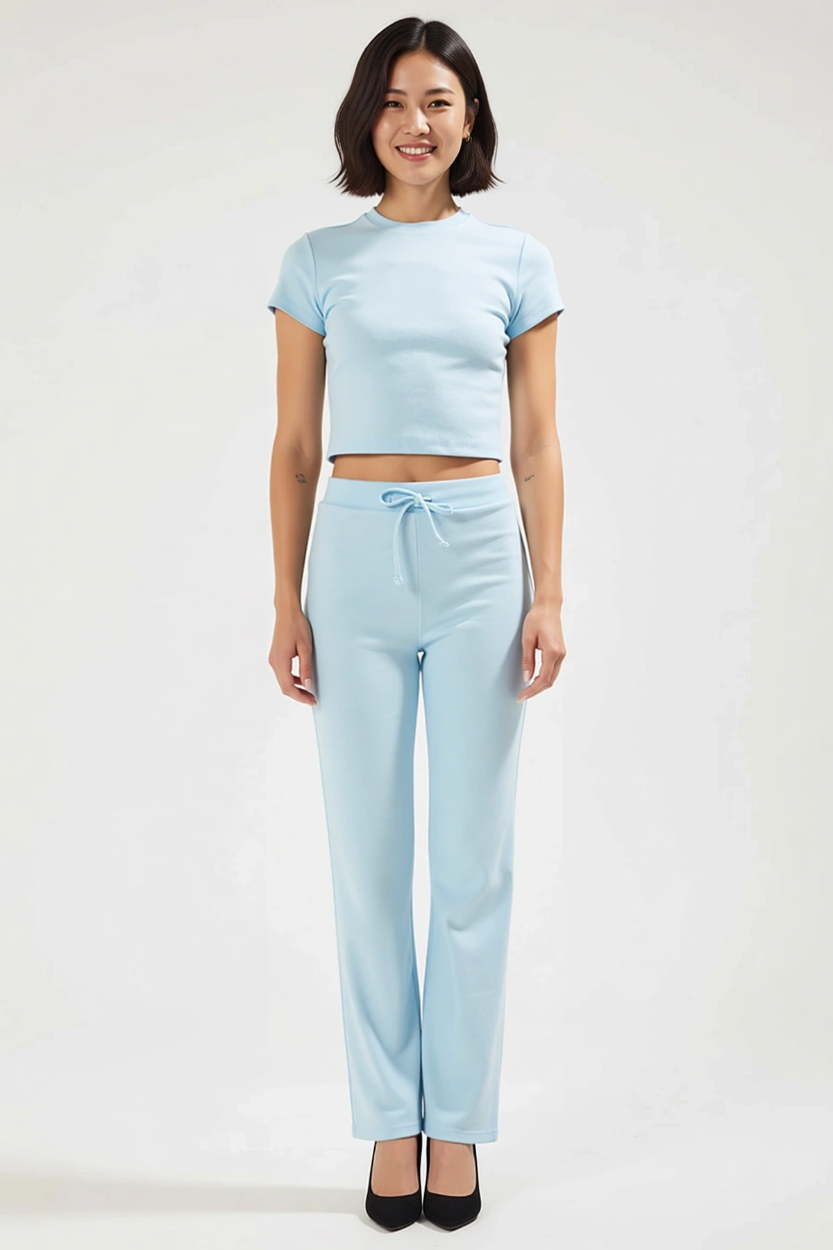 Kadın Büyük Beden Crop Top Ispanyol Paça Takım Bisiklet Yaka Kısa Kollu Rahat Örme Günlük Modern