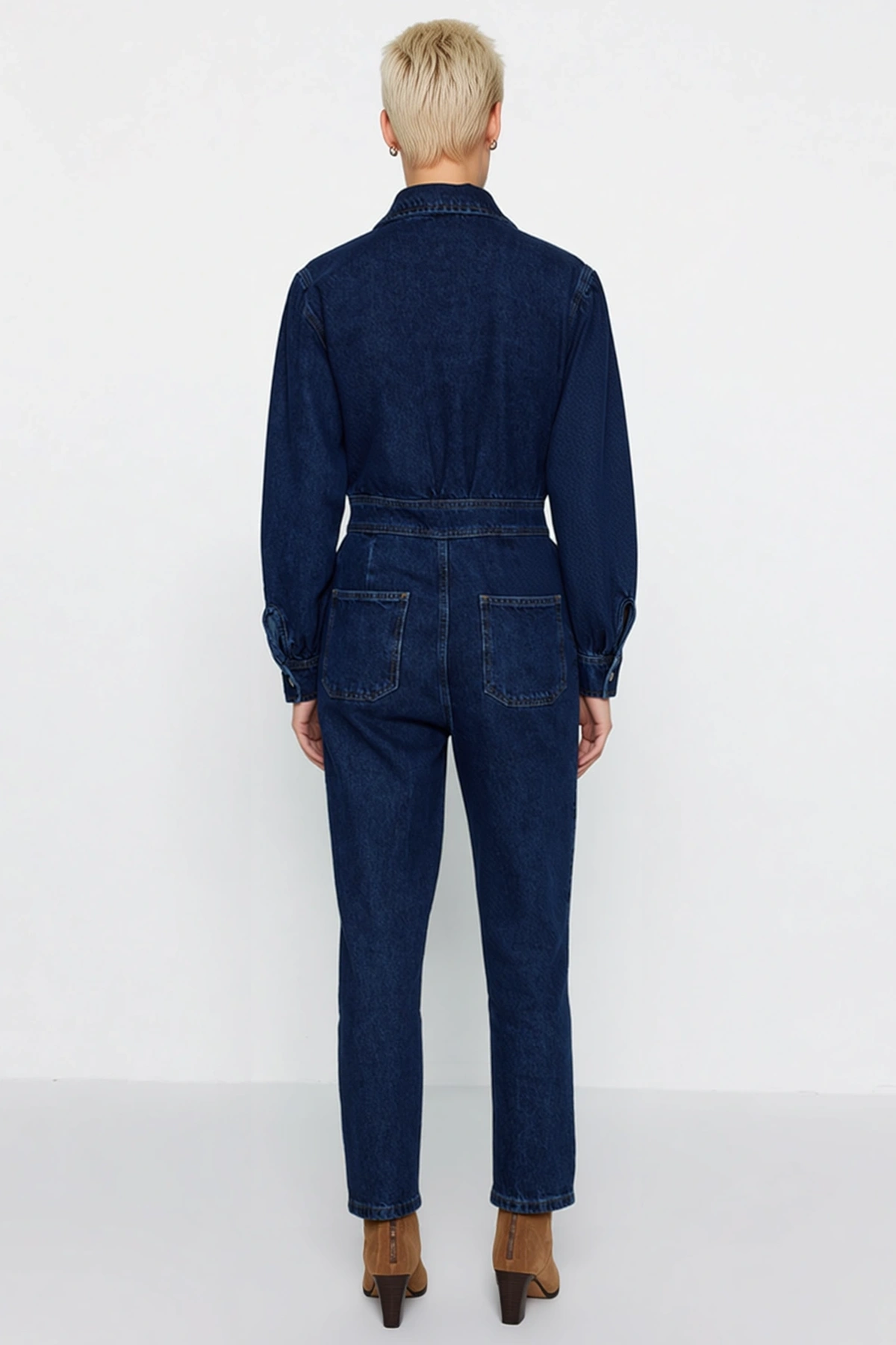 Kadın Gömlek Yaka Balon Uzun Kollu Regular Kalıp Düz Desen Dar Paça Rigid Denim Tulum %100 Pamuk
