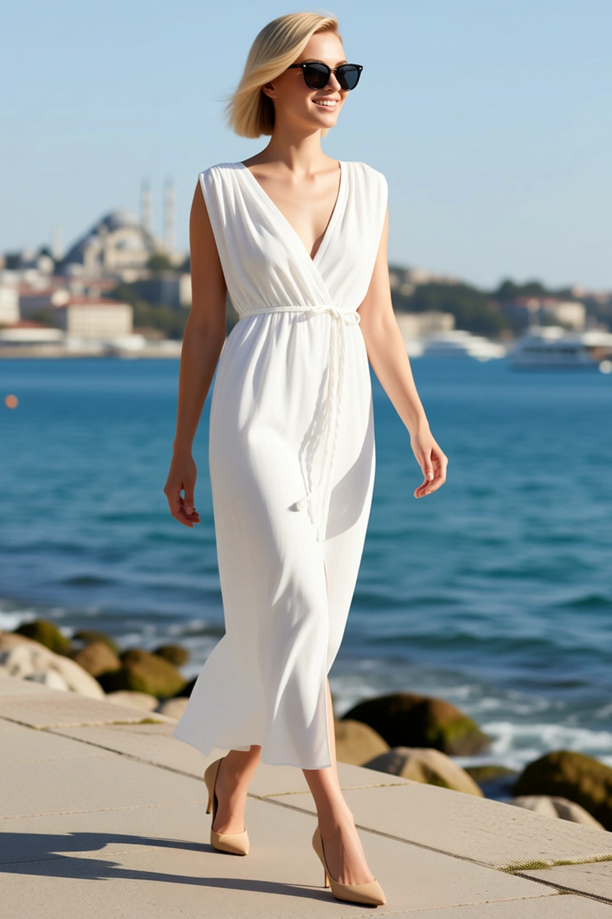 Kadın Kolsuz V Yaka Maxi Plaj Elbisesi A Line Kesim Yırtmaçlı Viskoz Polyester Dokuma Crinkle Günlük