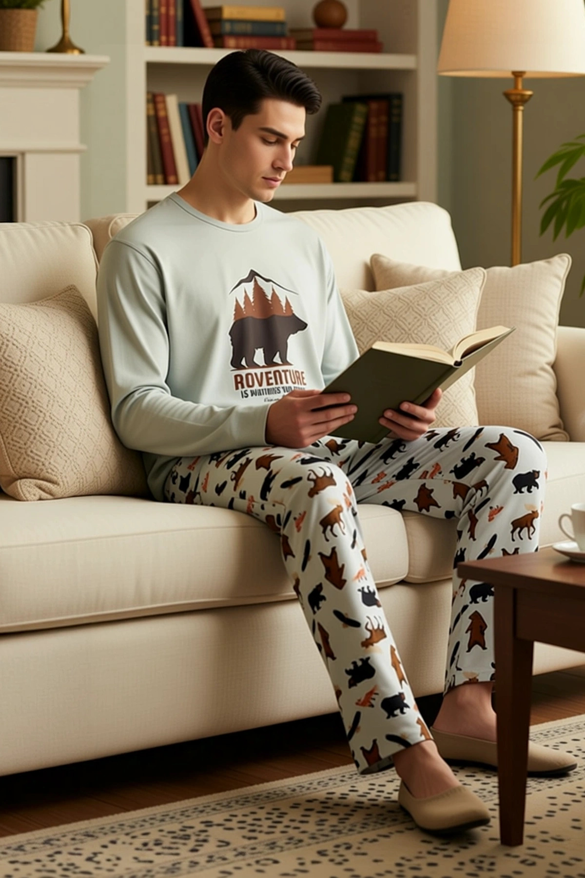 Erkek Bisiklet Yaka Uzun Kol Regular Kalıp Desenli Örme Pijama Takımı