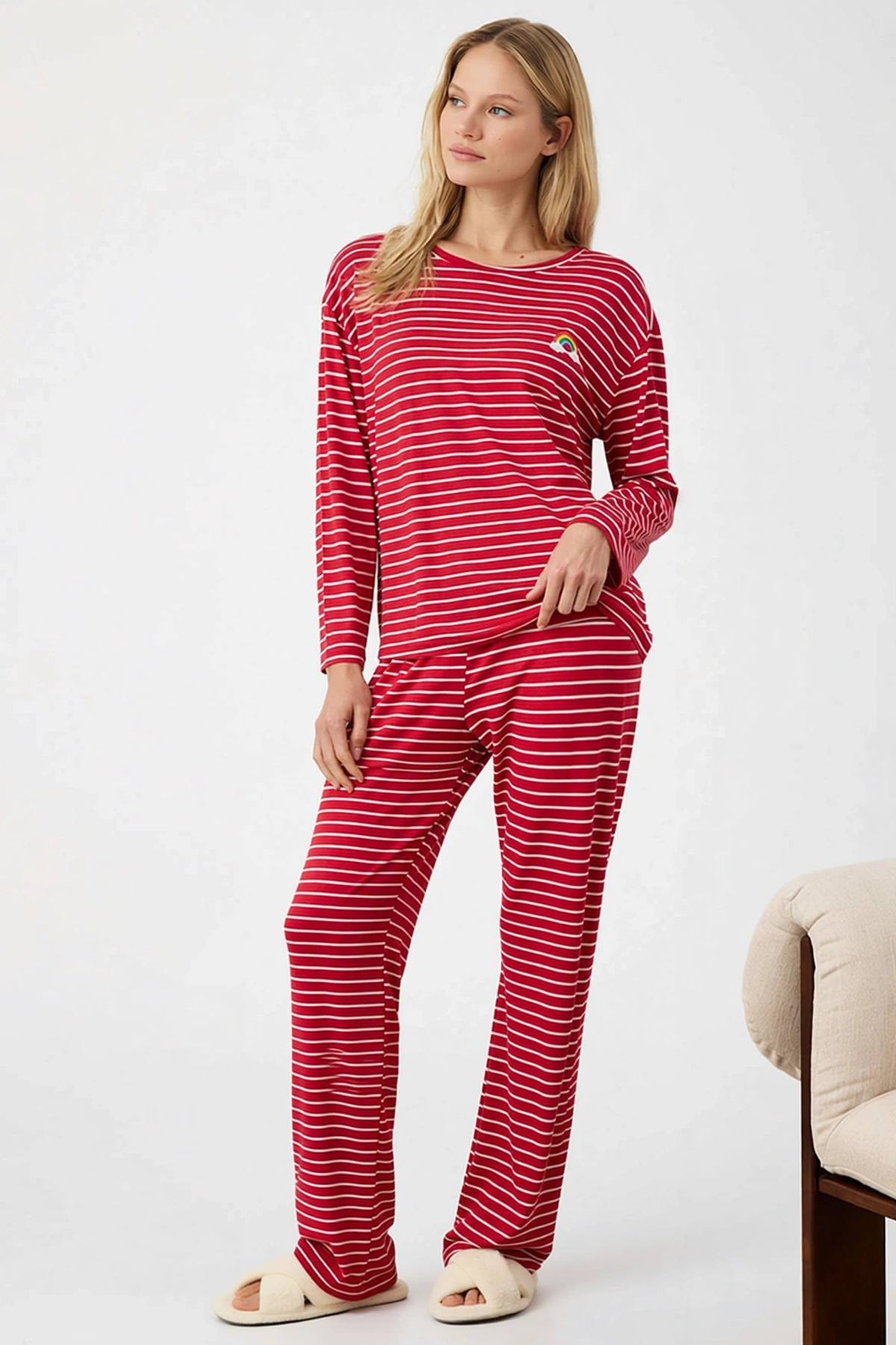 Kadın Bisiklet Yaka Uzun Kol Regular Kalıp Örme Çizgili Pijama Takımı Fonksiyonel Kaliteli