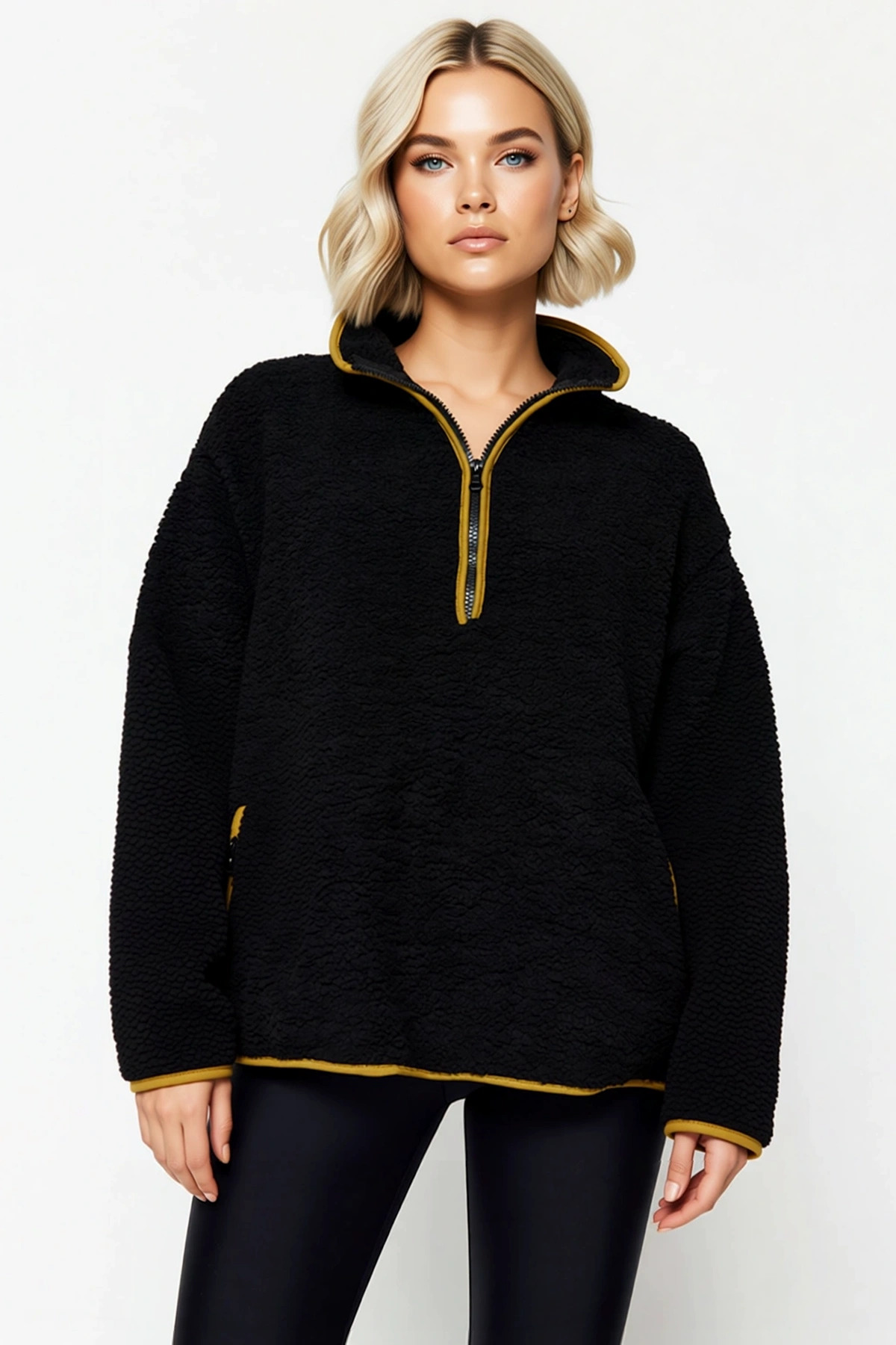 Kadın Dik Yaka Düşük Kol Peluş Örme Sweatshirt Fonksiyonel Dayanıklı Kaliteli Konforlu Şık
