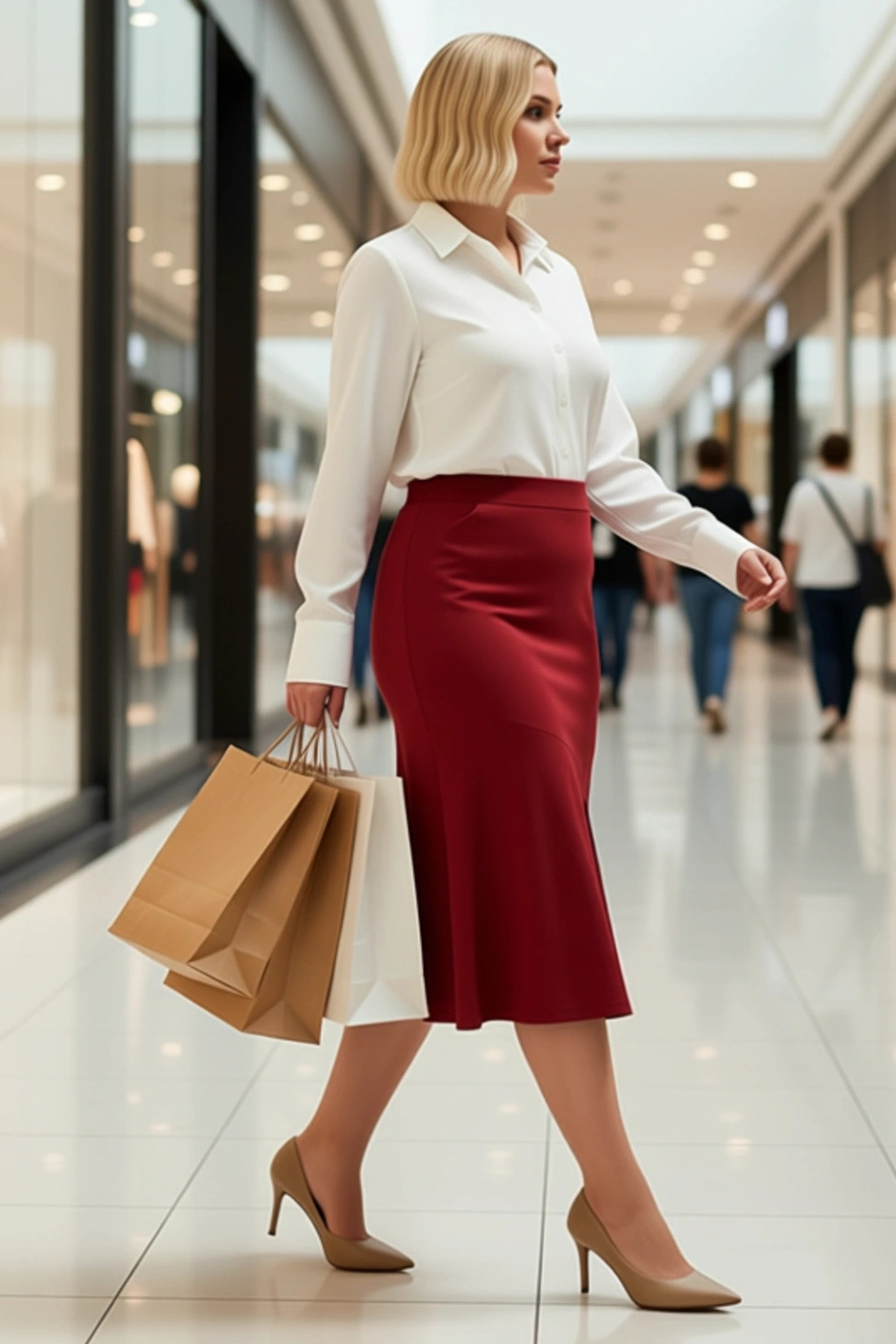 Kadın Midi Etek Yüksek Bel A Kesim Örme Kumaş %96 Polyester %4 Elastan Düz Desen Dayanıklı