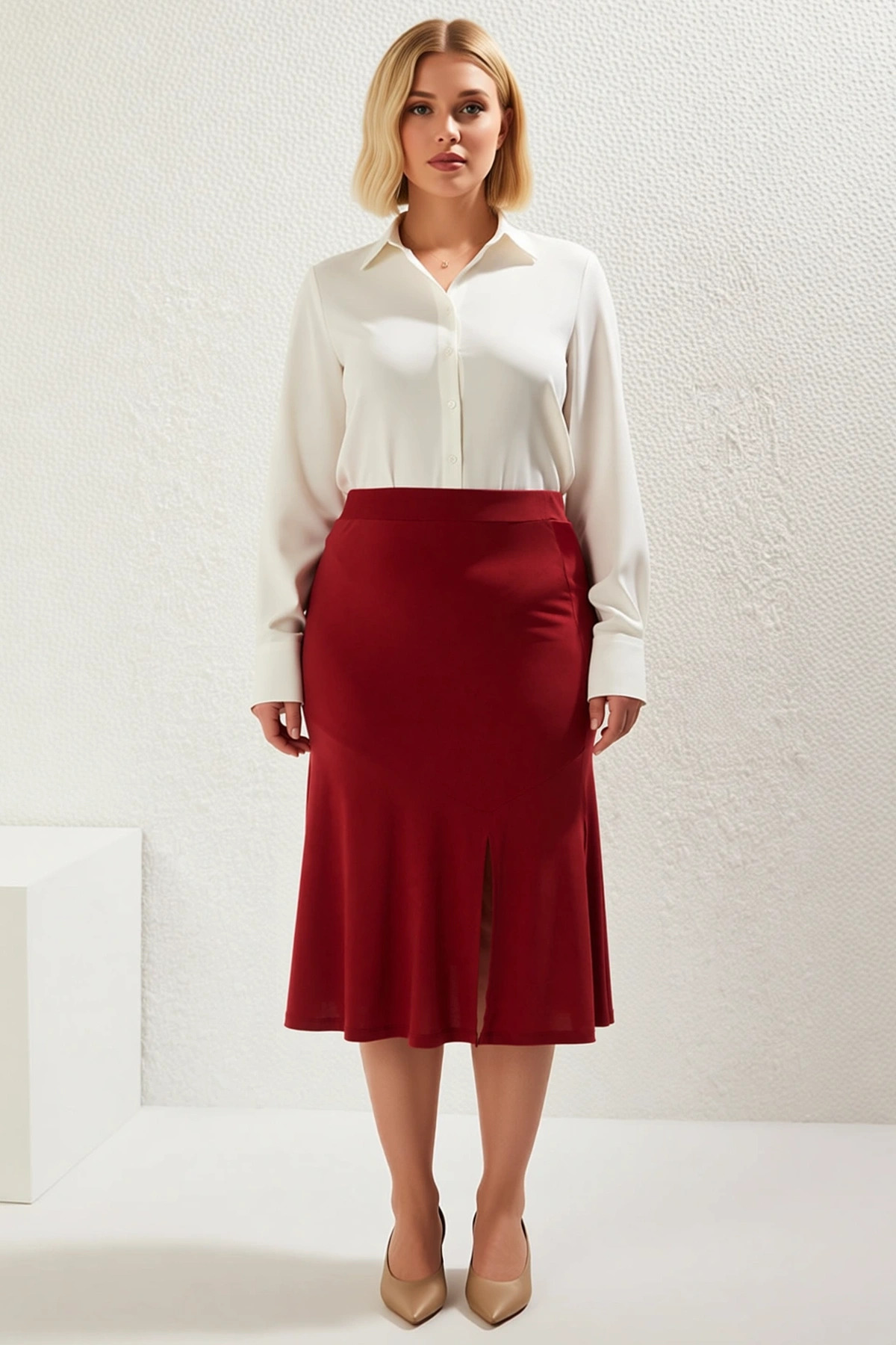 Kadın Midi Etek Yüksek Bel A Kesim Örme Kumaş %96 Polyester %4 Elastan Düz Desen Dayanıklı