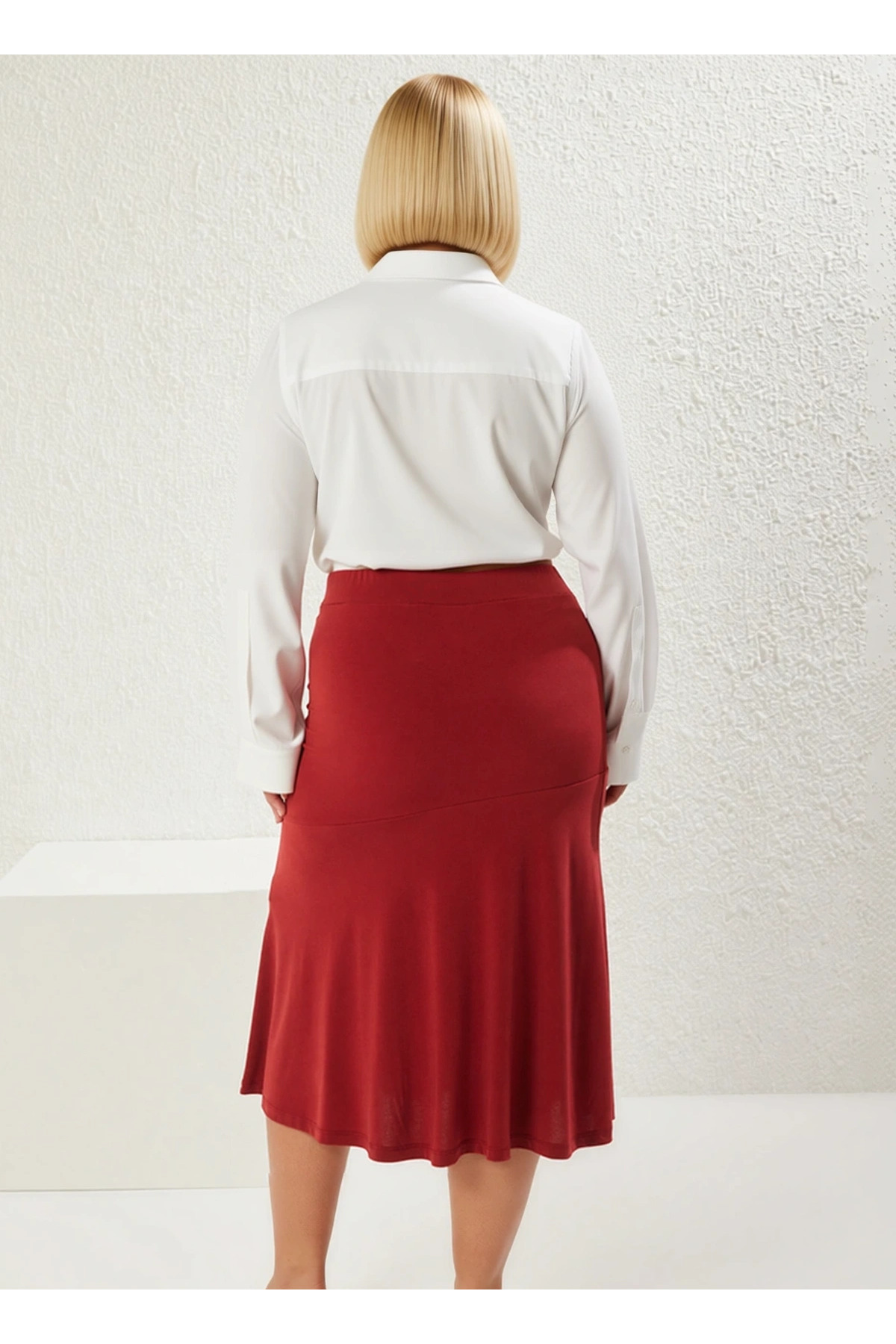Kadın Midi Etek Yüksek Bel A Kesim Örme Kumaş %96 Polyester %4 Elastan Düz Desen Dayanıklı