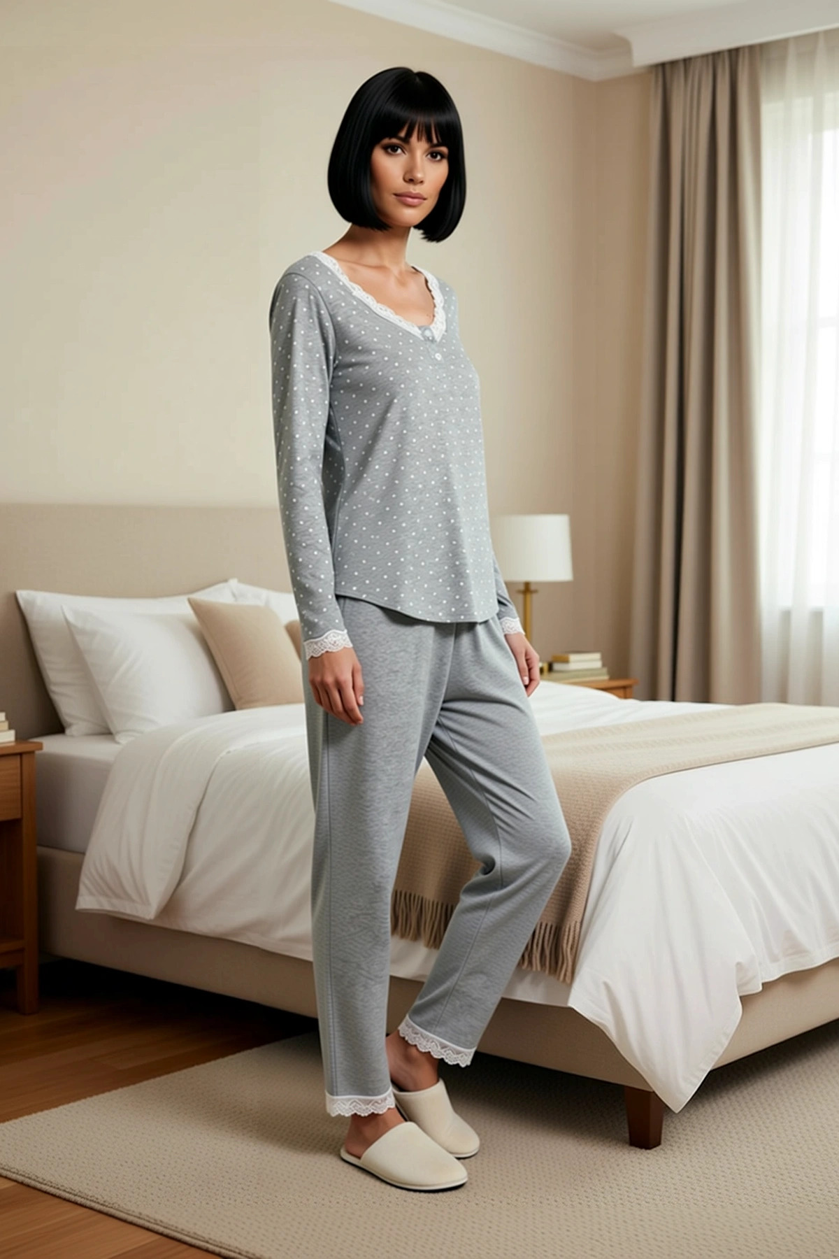 Kadın V Yaka Uzun Kol Puantiyeli Dantelli Pijama Takımı Regular Kalıp Fonksiyonel Kaliteli