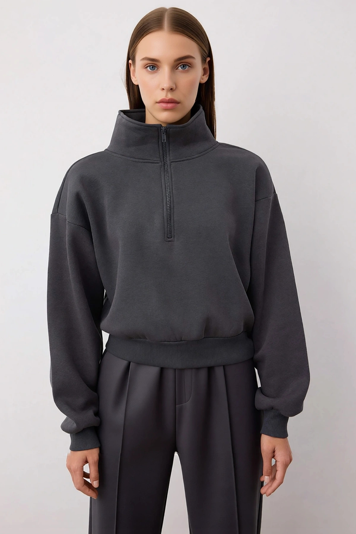 Kadın Fermuarlı Dik Yaka Düşük Kol Örme Sweatshirt Fonksiyonel Dayanıklı Kaliteli Konforlu