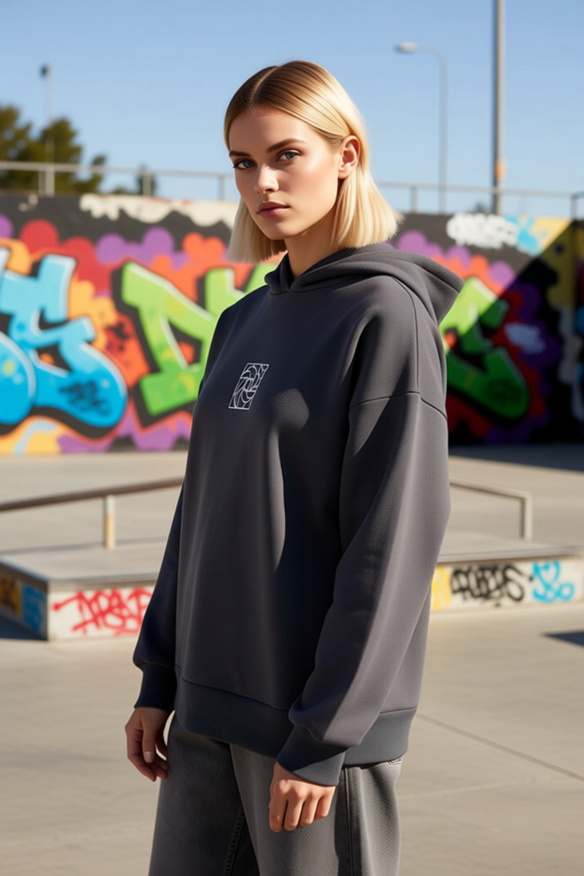 Kadın Kapüşonlu Düşük Kol Geometrik Desenli Oversize Örme Sweatshirt Fonksiyonel Dayanıklı