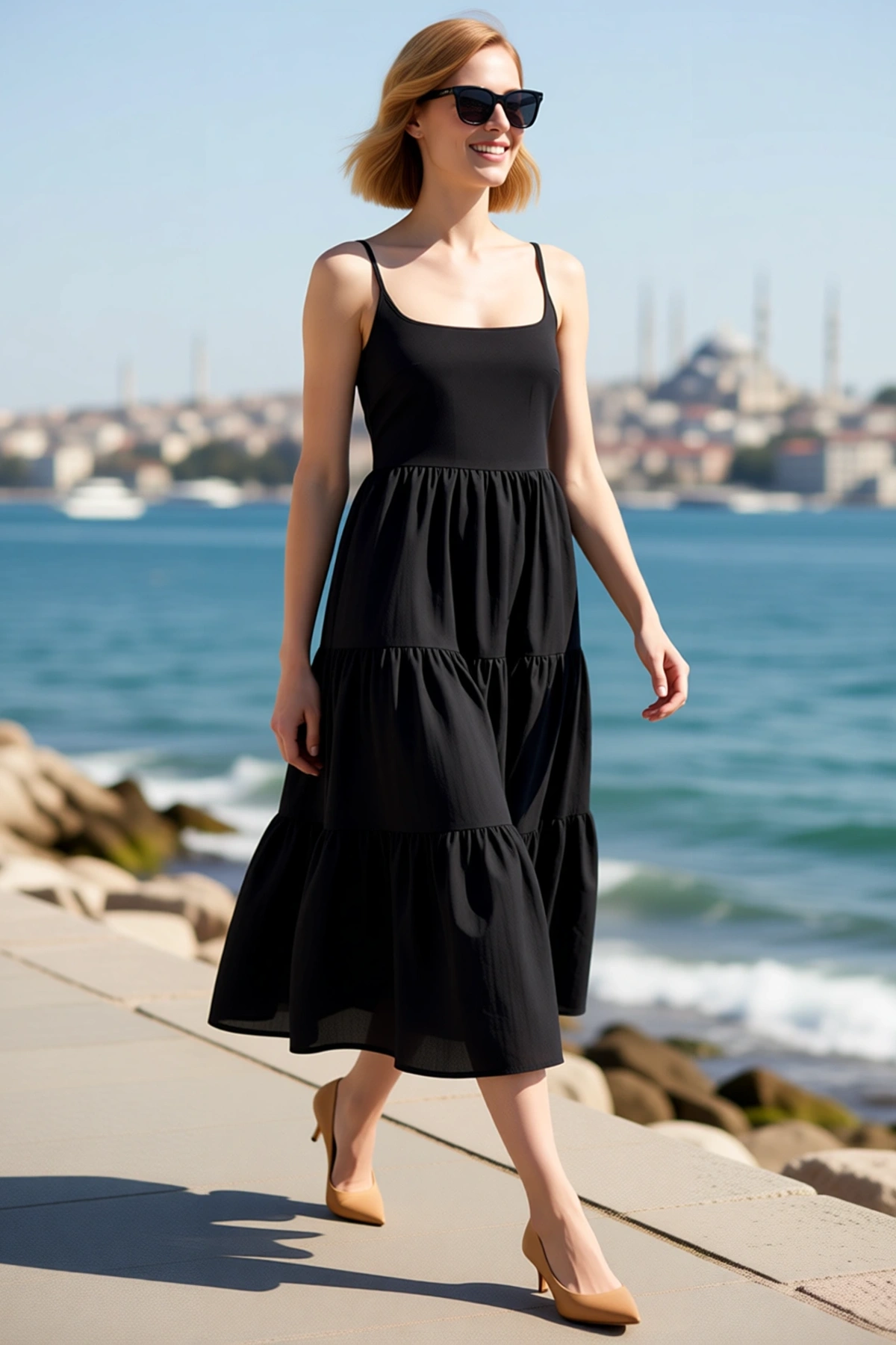 Kadın Maxi Elbise İnce Askılı Kare Yaka Belden Açılan Volanlı Terrycotton Dokuma Rahat Günlük Modern