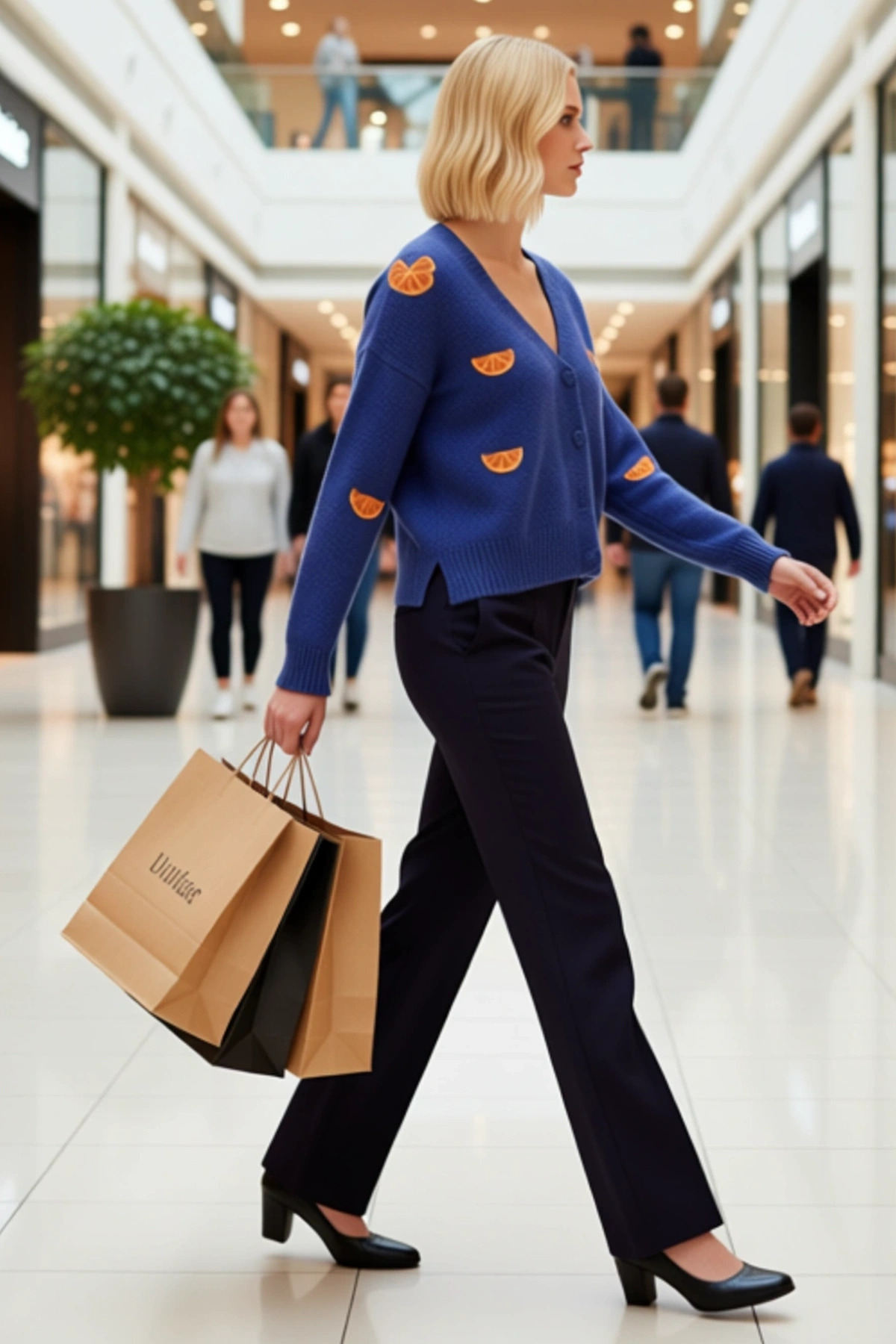 Kadın Oversize Crop V Yaka Düşük Kol Nakışlı Triko Hırka Portakal Dilimi Desenli Yumuşak Dokulu