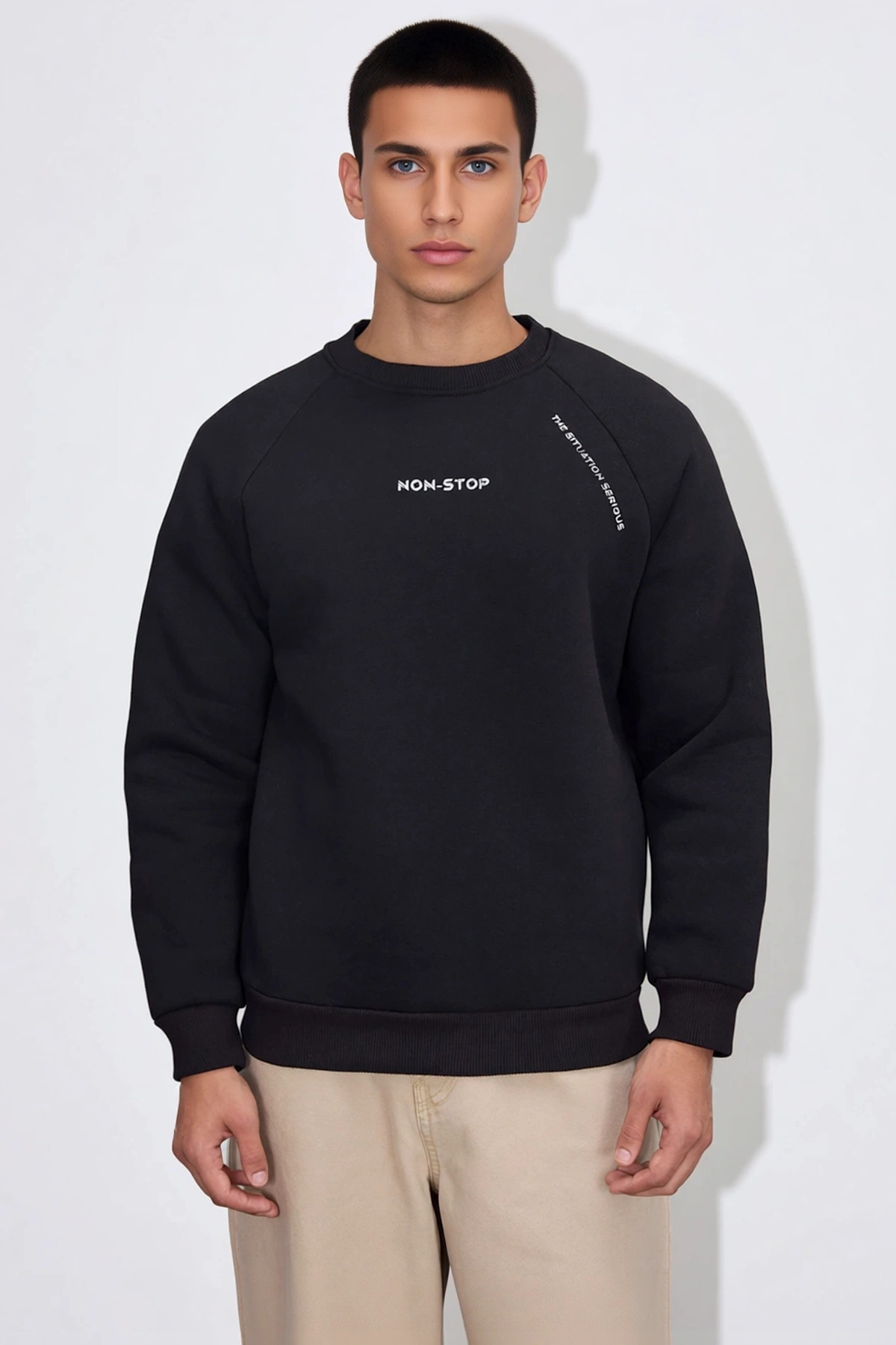 Erkek Bisiklet Yaka Reglan Kol Slogan Baskılı Regular Kalıp Sweatshirt Fonksiyonel Estetik