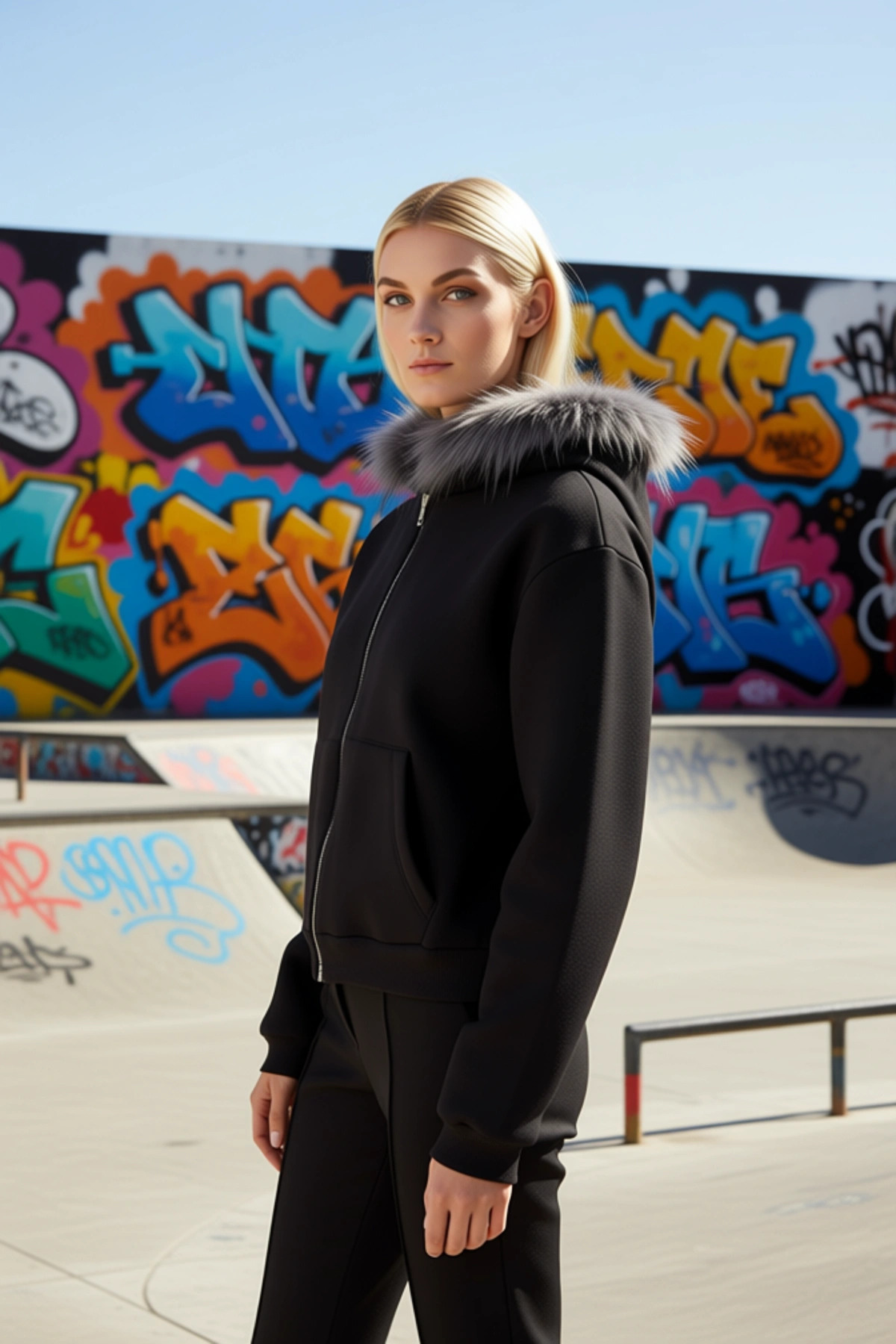 Kadın Fermuarlı Kürklü Yaka Standart Kol Regular Kalıp Kalın Örme Sweatshirt Fonksiyonel Şık