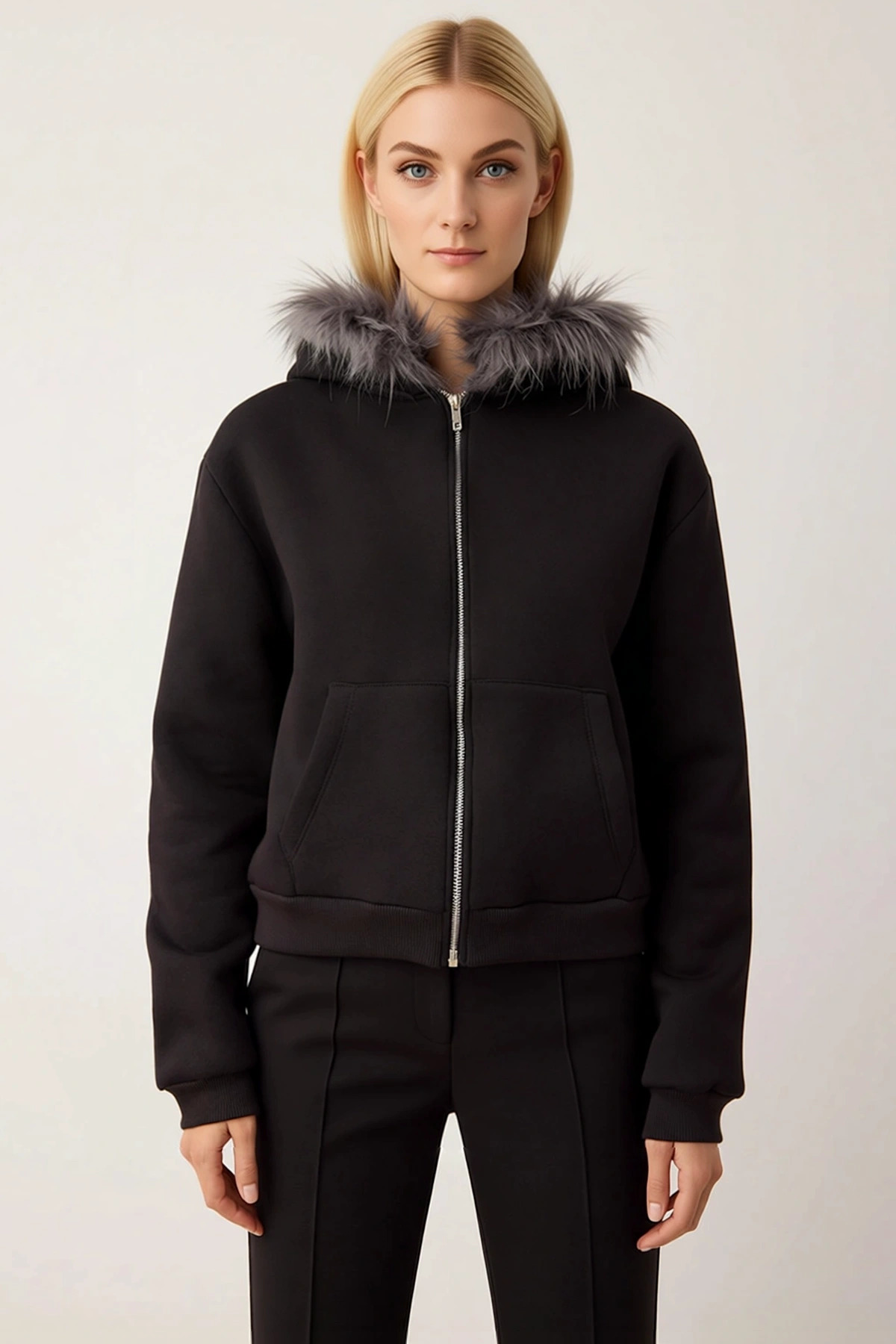 Kadın Fermuarlı Kürklü Yaka Standart Kol Regular Kalıp Kalın Örme Sweatshirt Fonksiyonel Şık