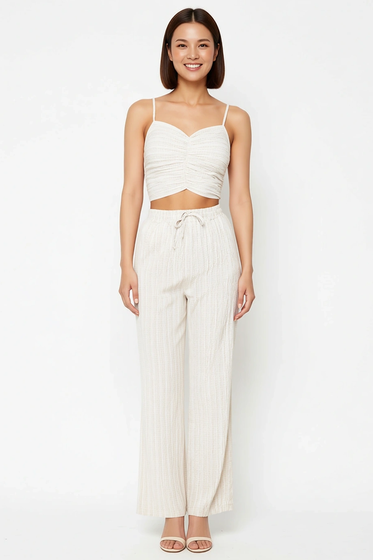 Kadın Büyük Beden İnce Askılı Kalp Yaka Büzgülü Crop Top Uzun Pantolon Plaj Takımı Günlük Rahat