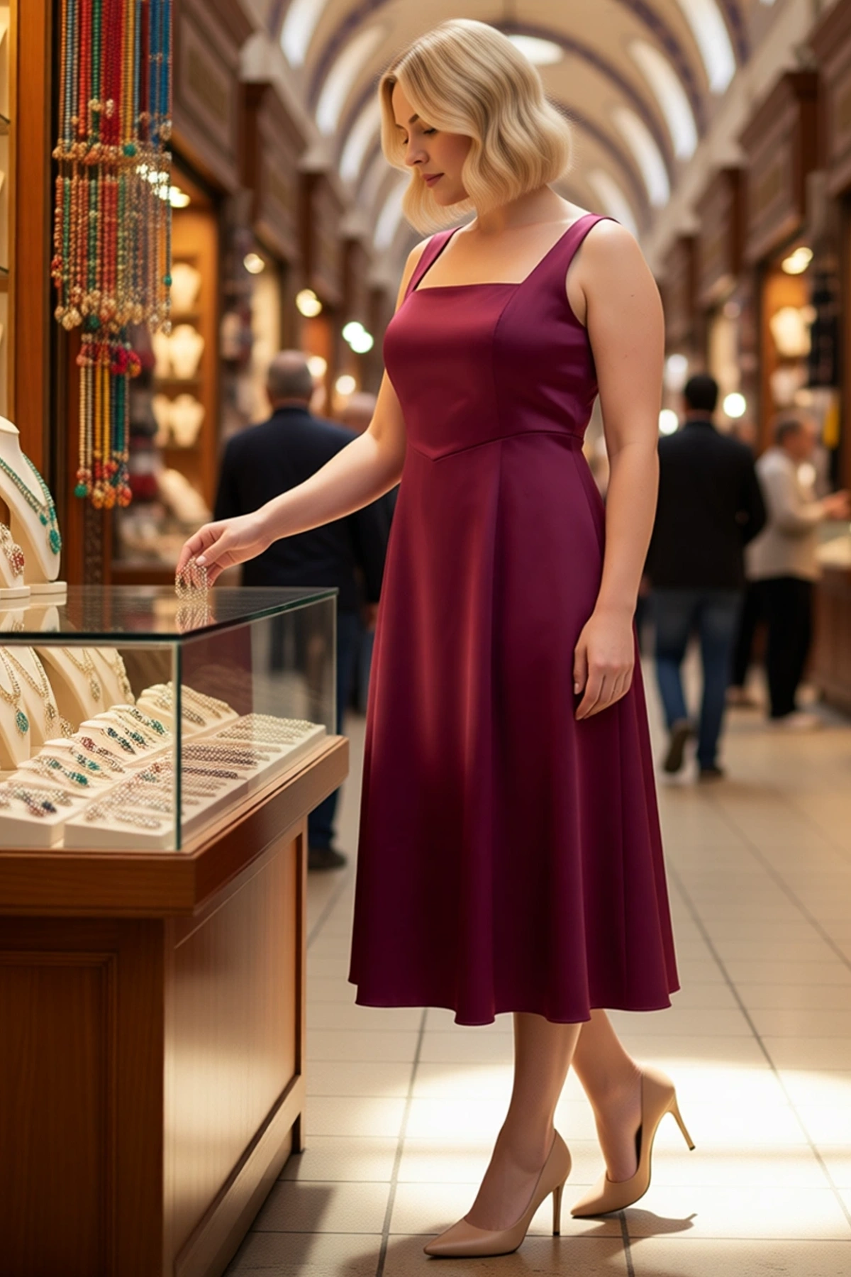Kadın Büyük Beden Kare Yaka Kolsuz Midi Saten Elbise Bodycon Kesim Zarif Gece Kıyafeti Günlük Rahat