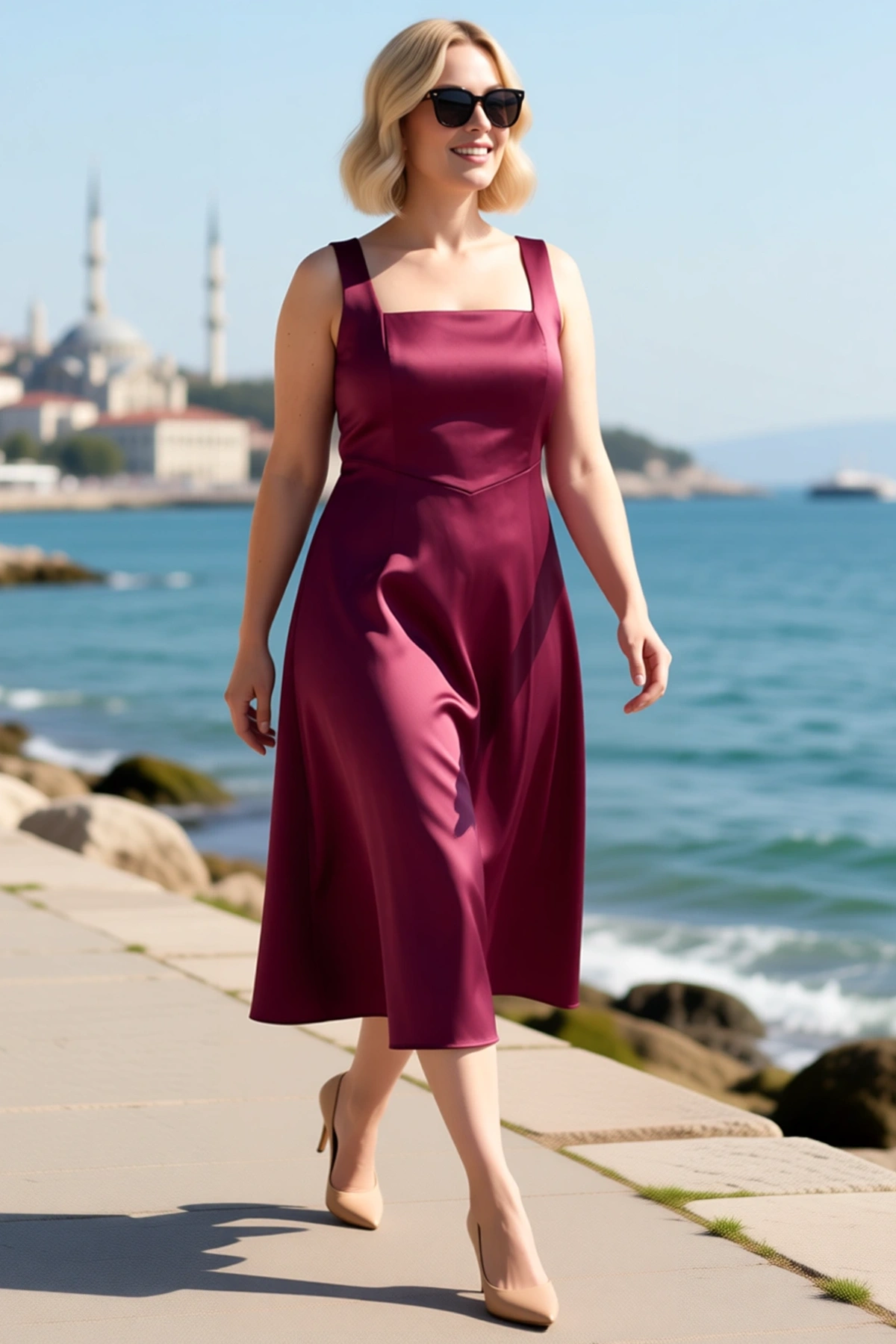 Kadın Büyük Beden Kare Yaka Kolsuz Midi Saten Elbise Bodycon Kesim Zarif Gece Kıyafeti Günlük Rahat