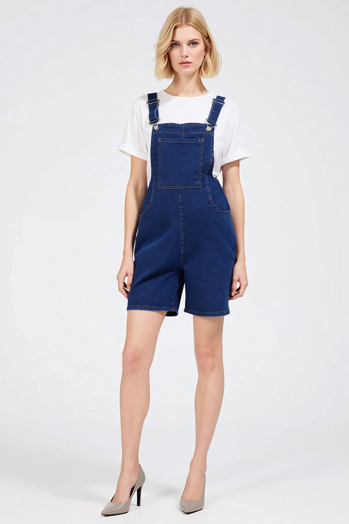 Kadın Kare Yaka Kolsuz Denim Regular Kalıp Comfort Dokuma Hamile Tulum Regular Boy Düz Desen
