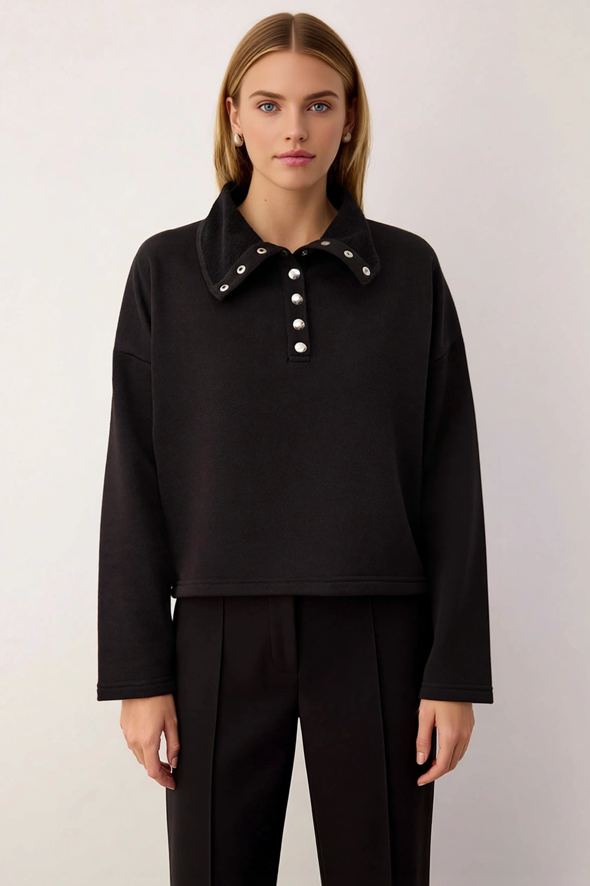 Kadın Dik Yaka Düşük Kol Çıtçıt Detaylı Örme Sweatshirt Fonksiyonel Dayanıklı Kaliteli Şık