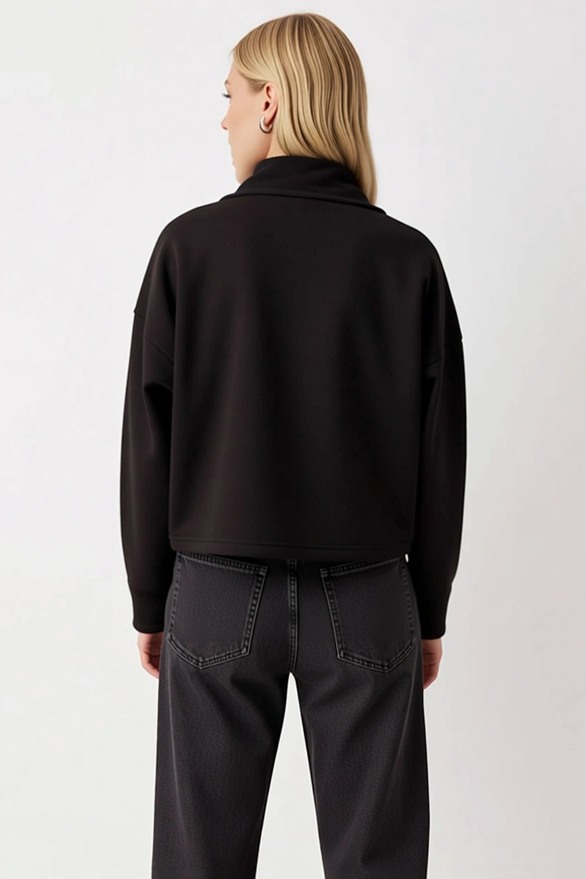 Kadın Dik Yaka Düşük Kol Çıtçıt Detaylı Örme Sweatshirt Fonksiyonel Dayanıklı Kaliteli Şık