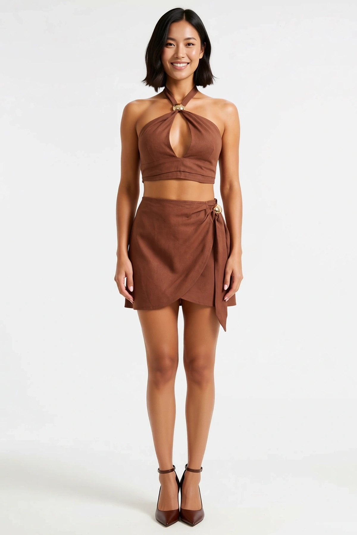 Kadın Dokuma Halter Yaka Bağlamalı Crop Top Mini Etek Takım Plaj Kombinleri Günlük Rahat Modern