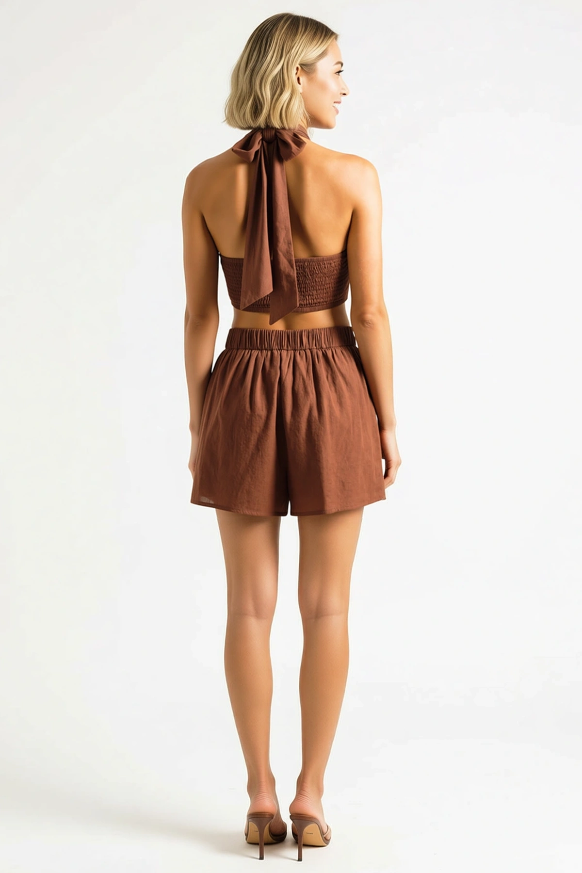 Kadın Dokuma Halter Yaka Bağlamalı Crop Top Mini Etek Takım Plaj Kombinleri Günlük Rahat Modern